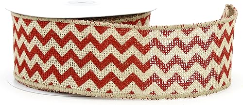 Kel-Toy - Cinta de arpillera con alambre Chevron (2.5 pulgadas por 10 yardas), color natural y rojo