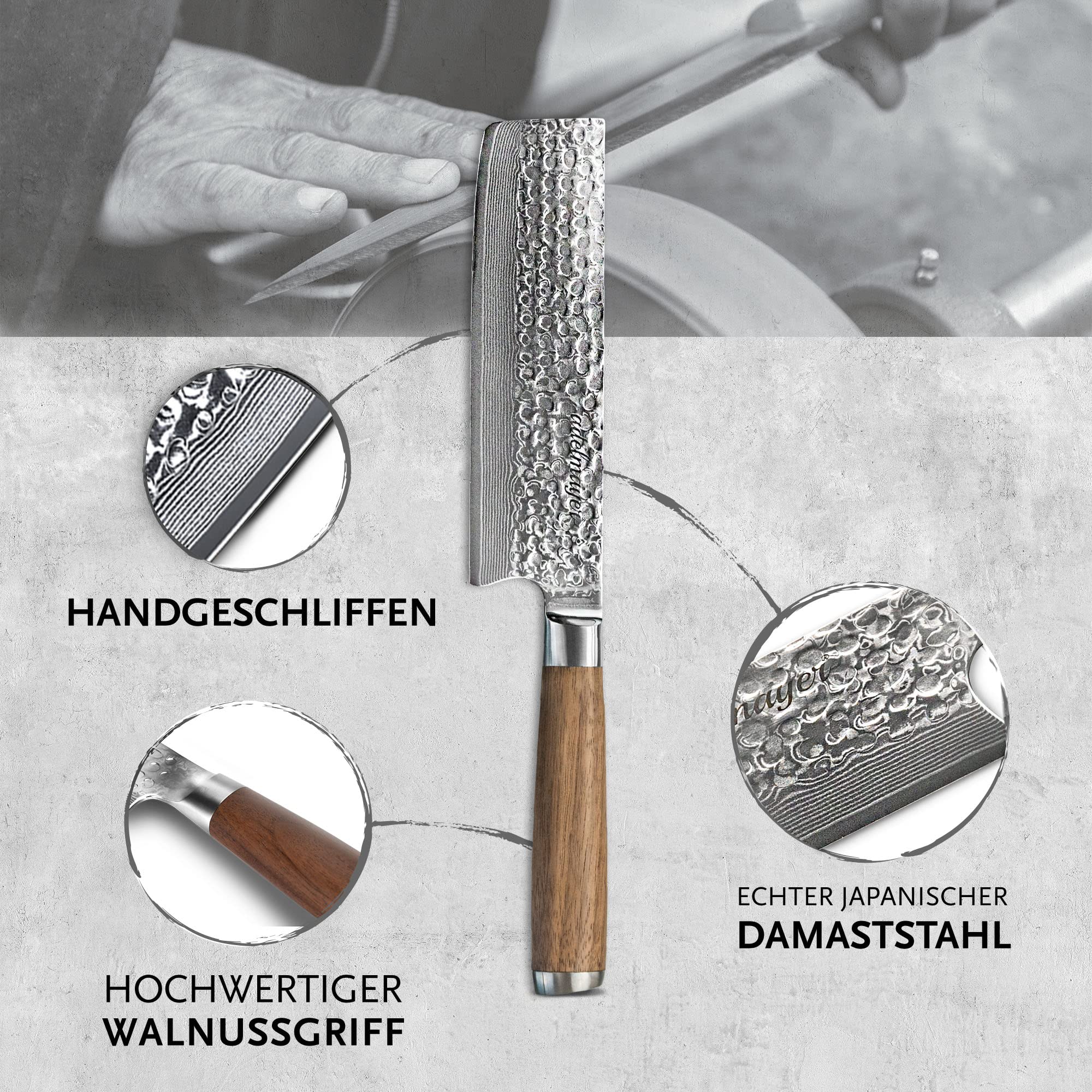Damastmesser - Nakiri Messer scharf (Klinge: 17,5 cm) - Hackmesser aus japanischem Damast-Stahl & Walnussholz mit Geschenkbox