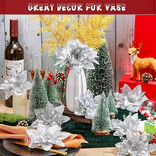 Miniatura 6 de 48 piezas de flores de pascua de Navidad con purpurina y tallos de bayas flores de pascua artificiales para árbol de Navidad Año Nuevo decoración de