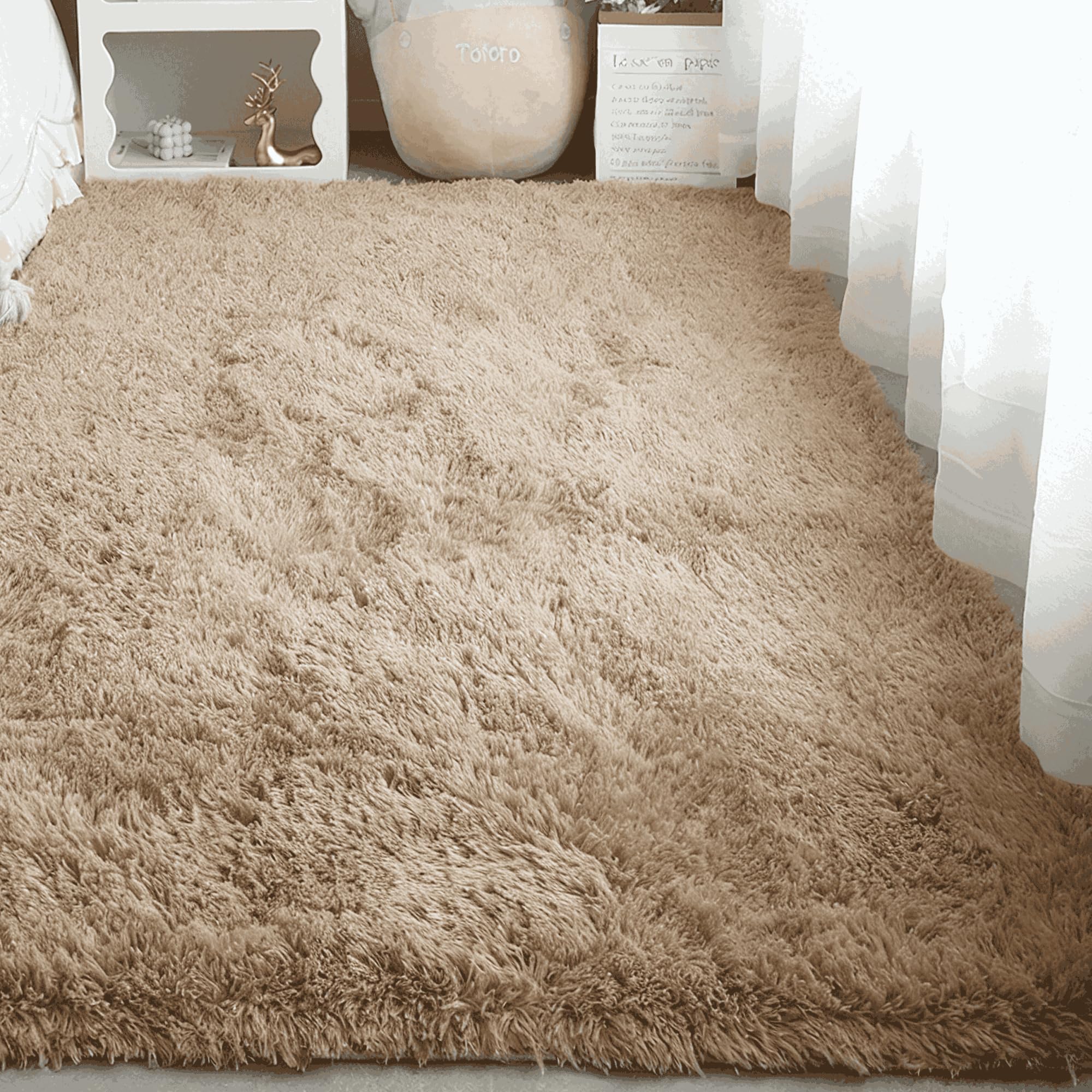 Tapis salon 220 x 270 cm fausse fourrure chameau lavable