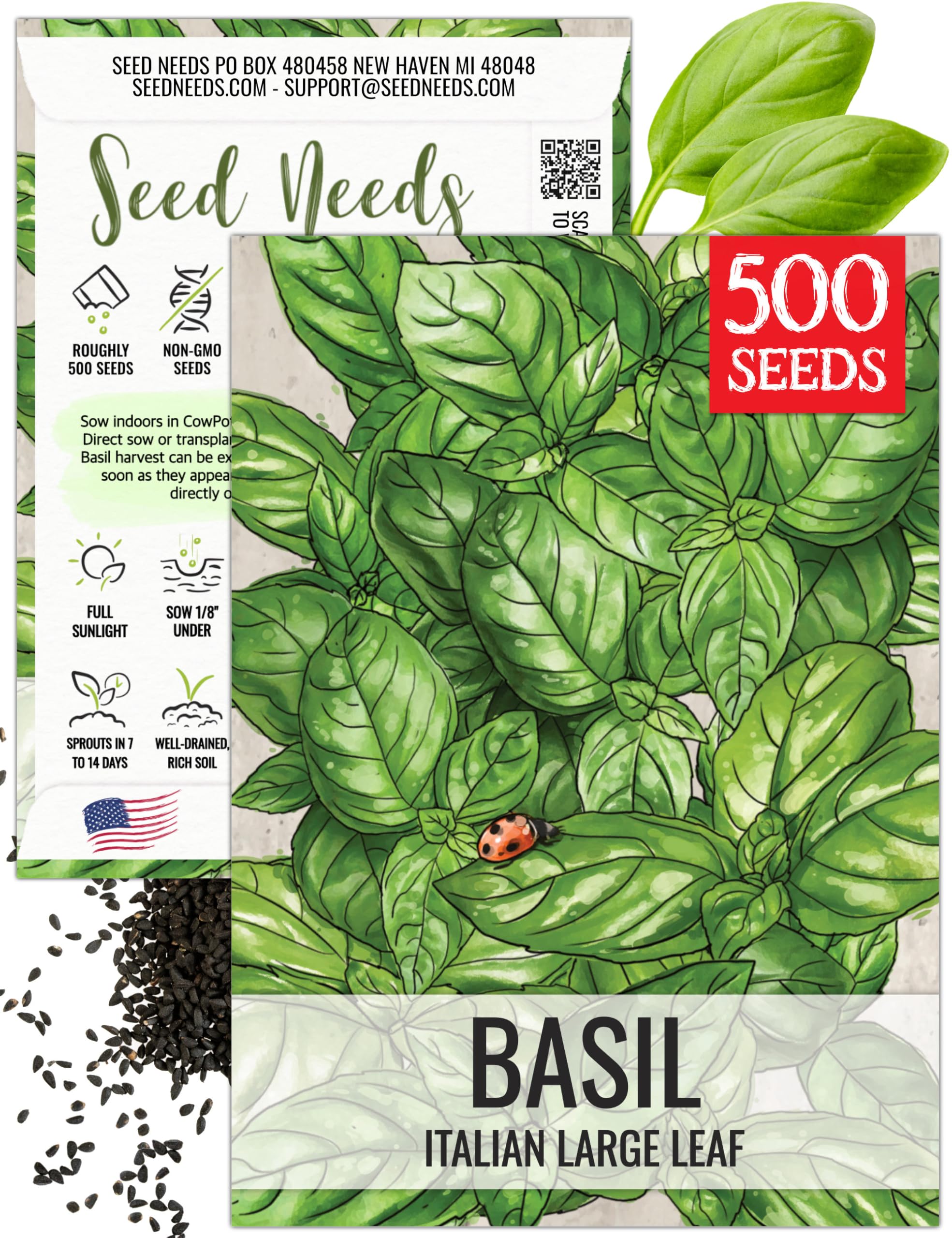 Basil Seeds for Planting Italian Large Leaf Herbs - Non-GMO Heirloom & Untreated - Grow an Indoor or Outdoor Home Grown Herb Garden (1 Pack)