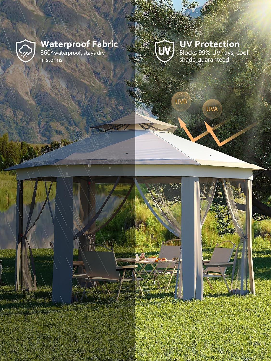 13x13 FT Pop Up Gazebo Tent - Hexagonal Canopy Shelter with 6 Zippered Mesh Walls, Heavy Duty Steel Frame for Outdoor Patio, Backyard, Garden, Wedding Party & Events