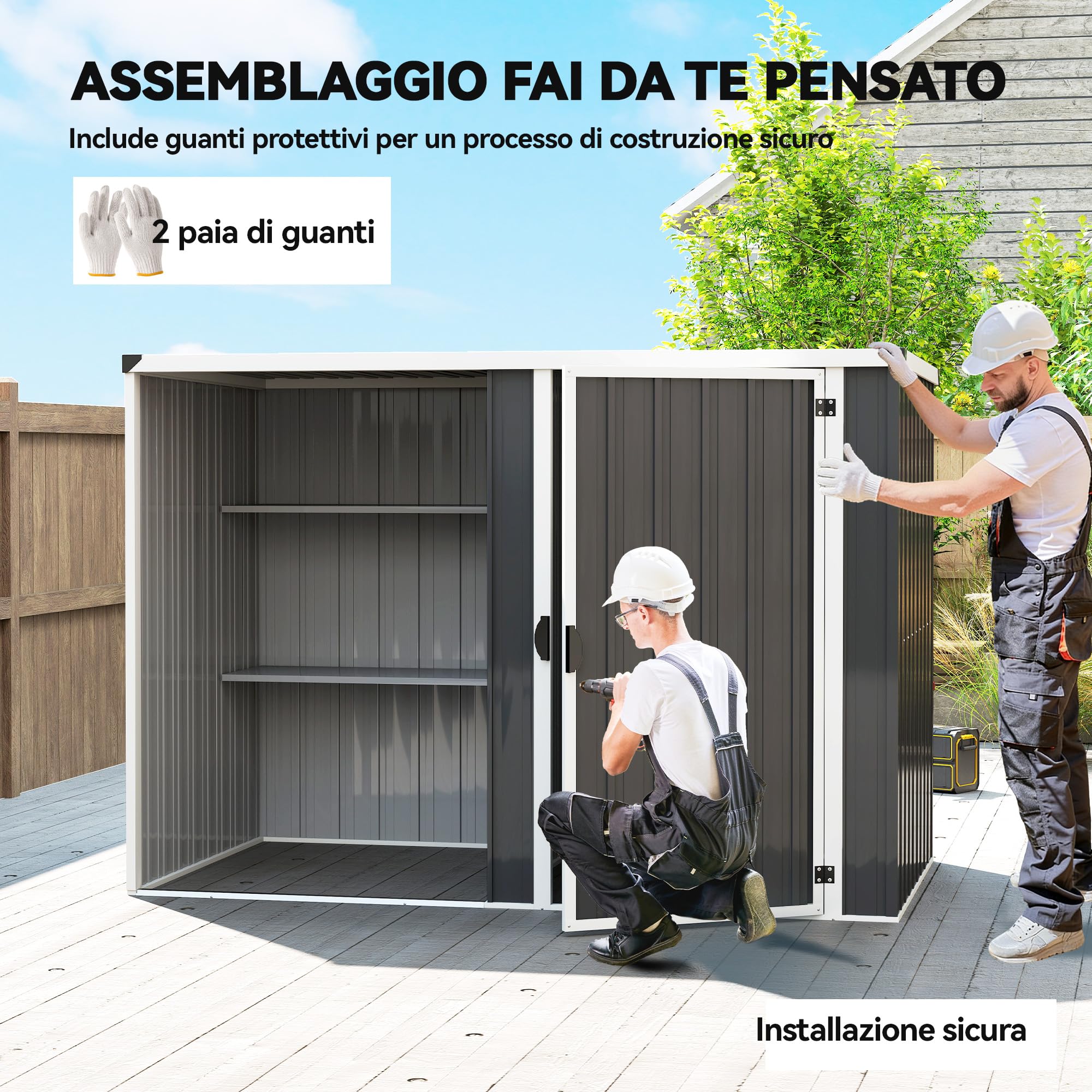 Outsunny Casetta da Giardino 2.7m² in Acciaio Zincato Design Layout Diviso con 2 Ripiani, Capanno da Giardino Porta Attrezzi con Porta Bloccabile, Chiavi, Tetto Inclinato, Guanti, Grigio Scuro