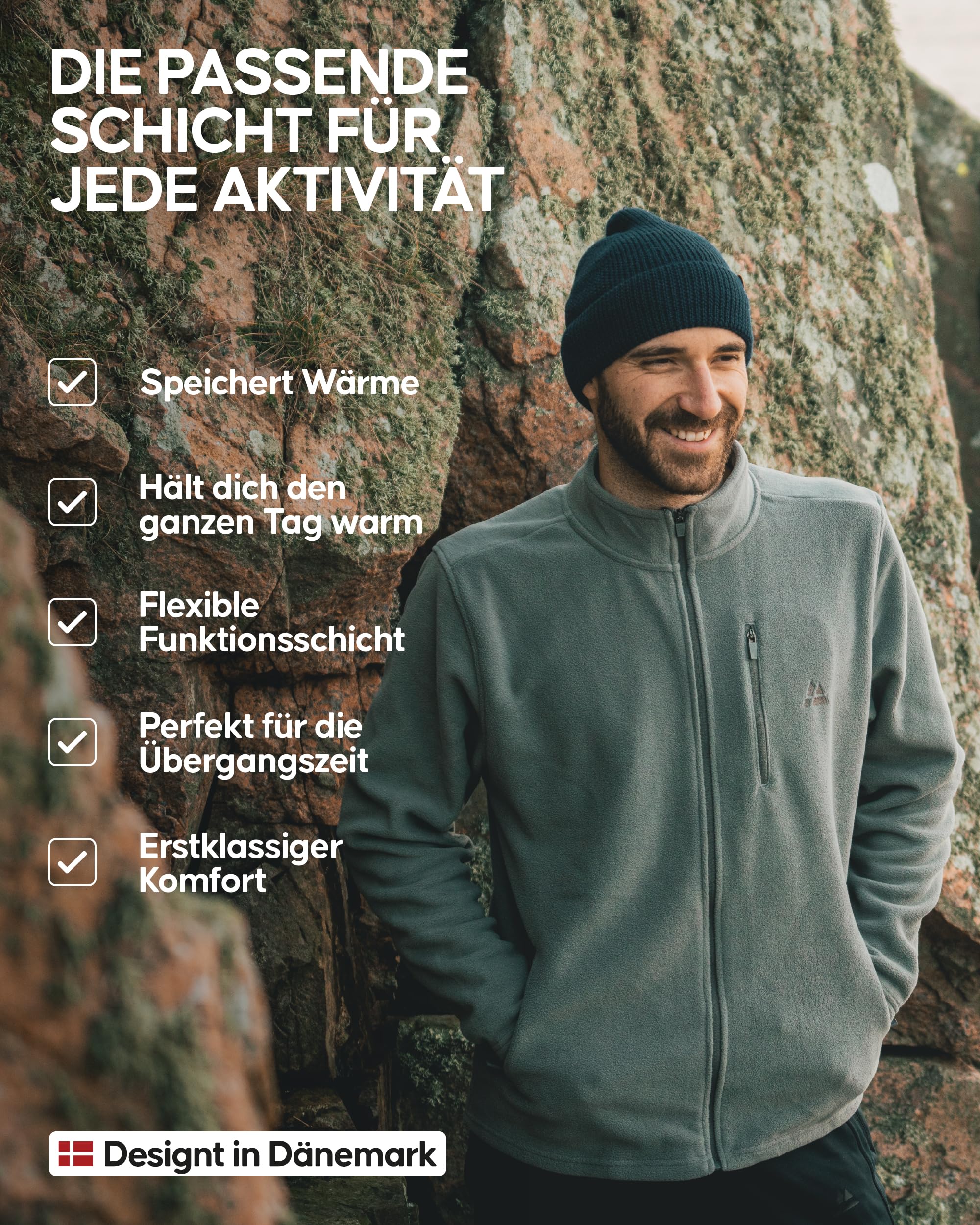 DANISH ENDURANCE Micro Fleece-Jacke Herren, Outdoorjacke mit Stehkragen & Taschen, Übergangsjacke, Full Zip, Winddicht, für Alltag, Outdoor & Wandern