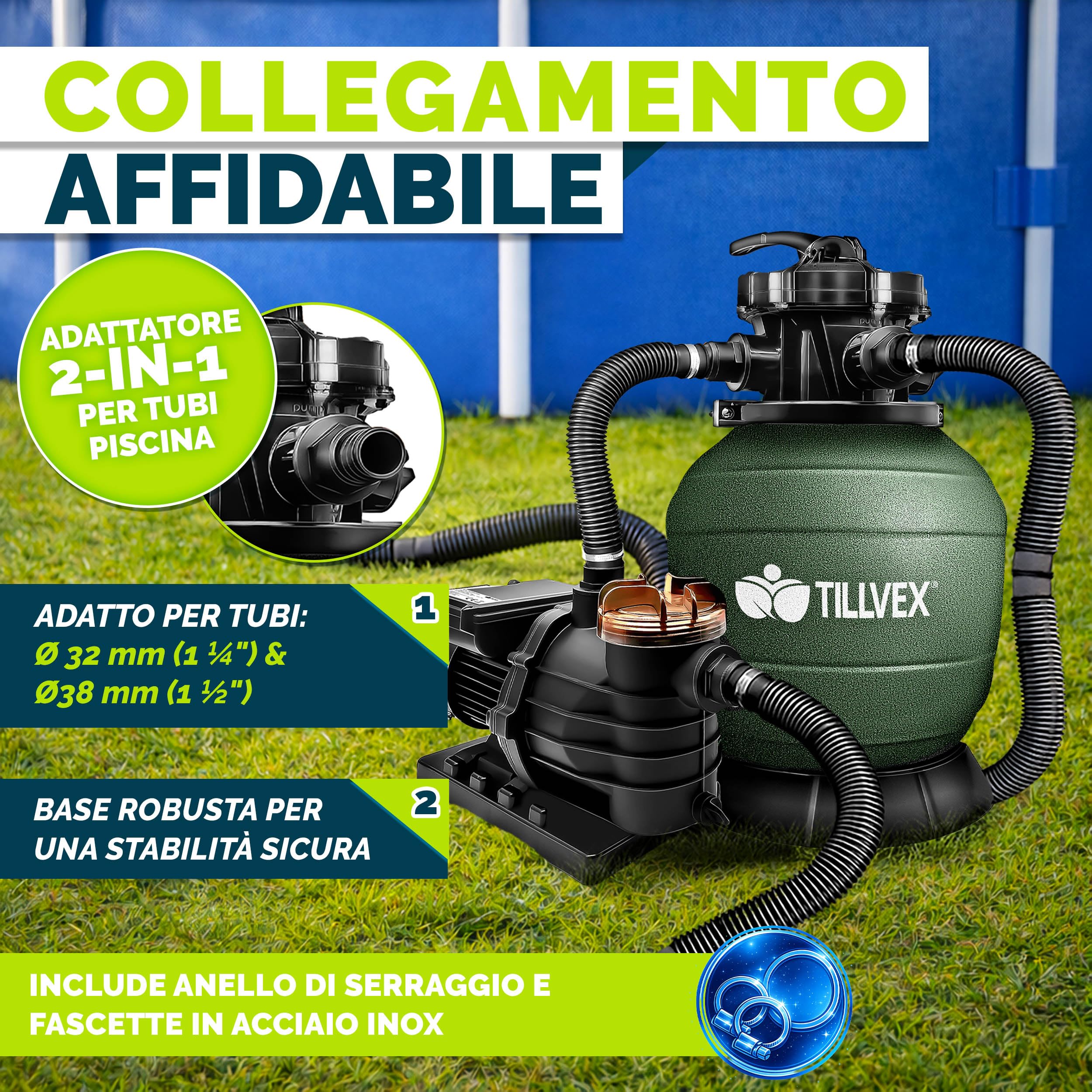 tillvex Depuratore d'acqua per piscina 10 m³/h 800 g sfere filtro Pompa filtro a sabbia con valvola