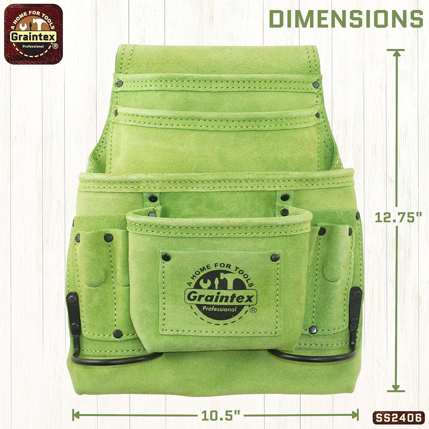 Graintex 10 Pocket Nail & Tool Pouch, Lime Green Color Suede Leather Tool Bag, Tool Belt for Constructors, Electricians, Handymen, HVAC Tools, Professional Organizer with Adjustable Fit - SS2406