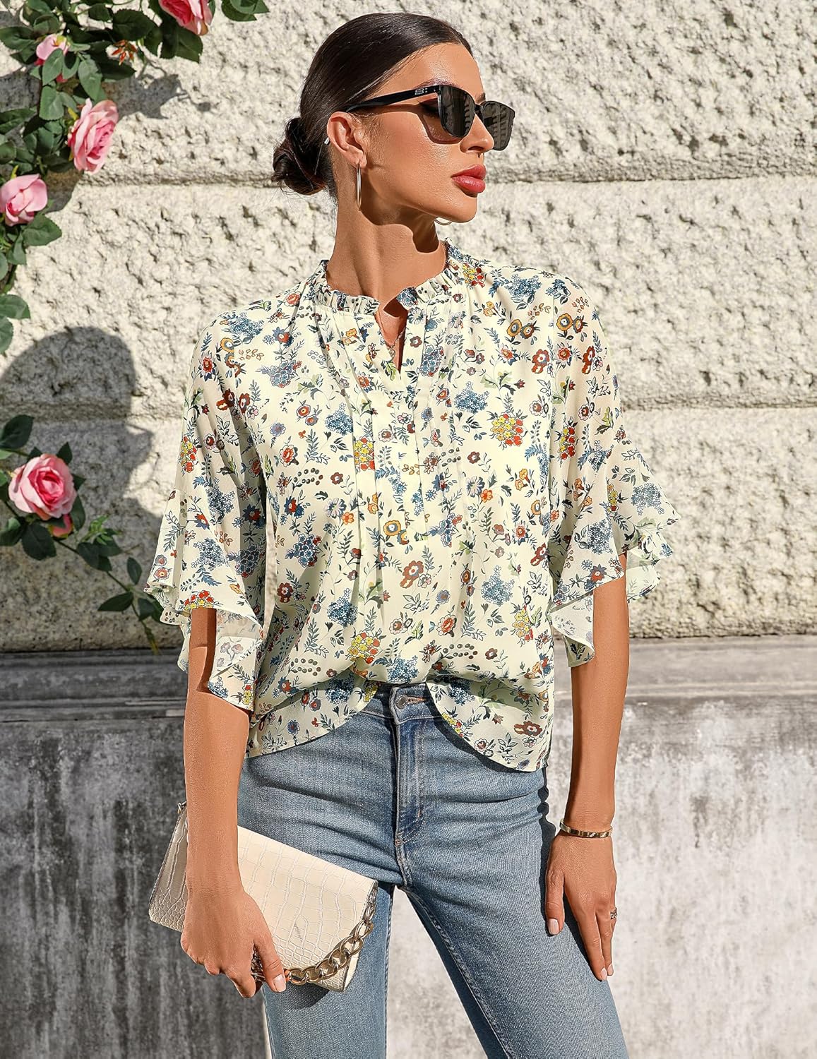 Women's 3/4 Sleeve Tops Dressy Casual V Neck Ruffle Sleeve Chiffon Blouses Shirts - Image 4