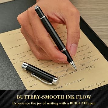 BEILUNER High Quality Rollerball Pen Elegant Metal Pen in Black Chrome with Silver Accents Luxury Gift Set for Men & Women Ideal for Office & Executives Includes Gift Box & 0.5mm Refill