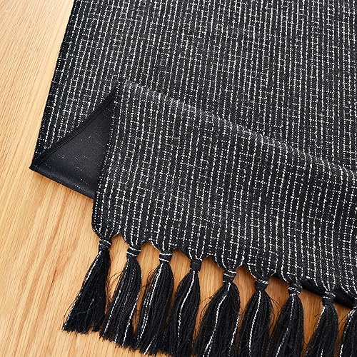 Miniatura 4 de Camino de mesa rústico con borlas hechas a mano, estilo bohemio, rústico, color negro, 90 pulgadas de largo, arpillera de lino, tejido, mesa
