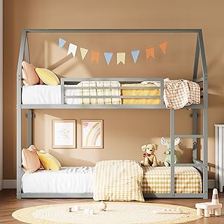LIKIMIO Bunk Bed Twin Over Twin, House Bunk Bed Frame with Ladder and Guardrail,