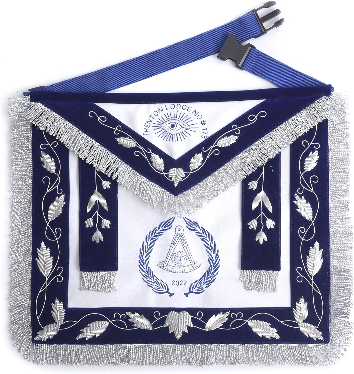 BRICKS MASONS Grand Past Master Blue Lodge Apron - Blue Velvet With Gray Rayon Fringe