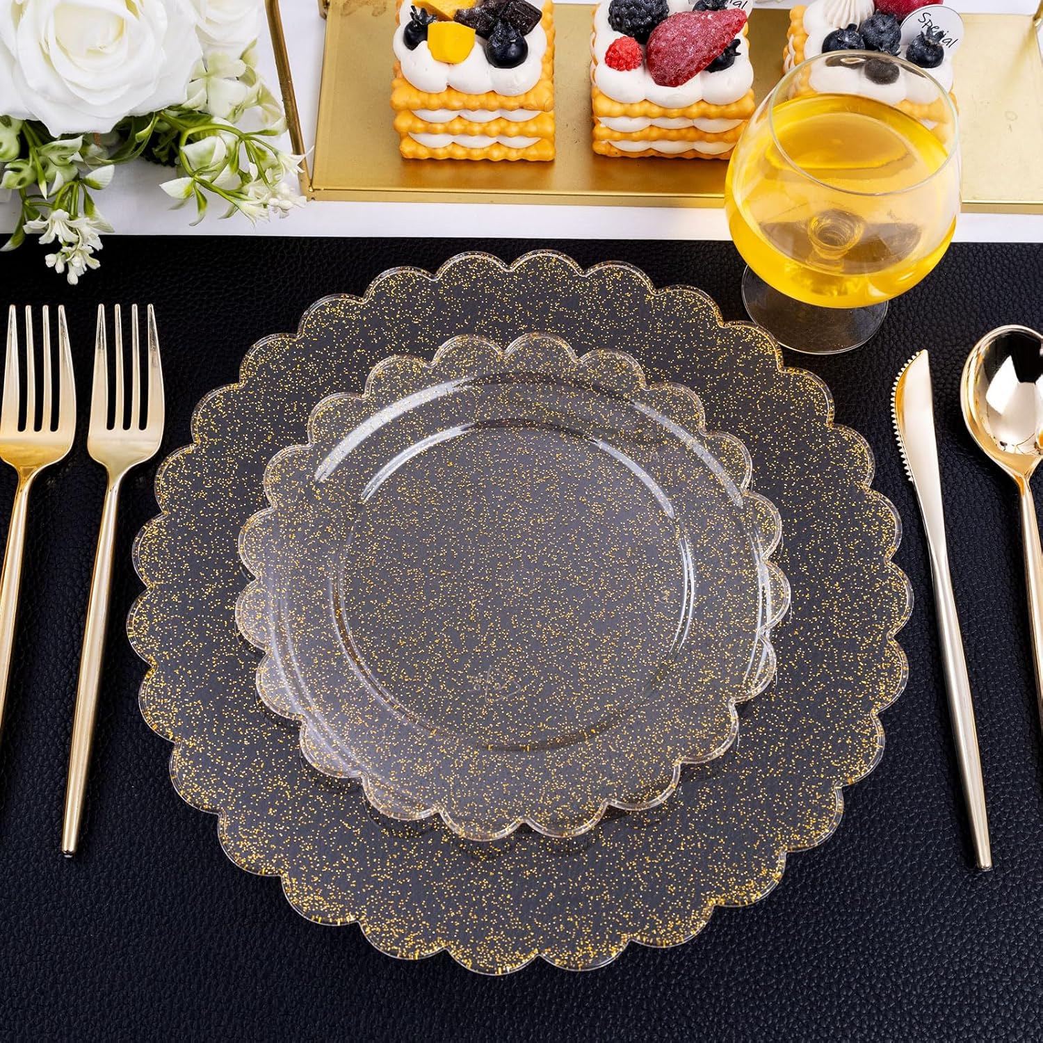 LIYH 60 Pcs Gold Glitter Plastic Scalloped Plates - Disposable Heavyduty Combo Plastic Plates Dishes Included 30 Dinner Plate 30 Dessert Plate for Weddings Party Birthday - Image 6