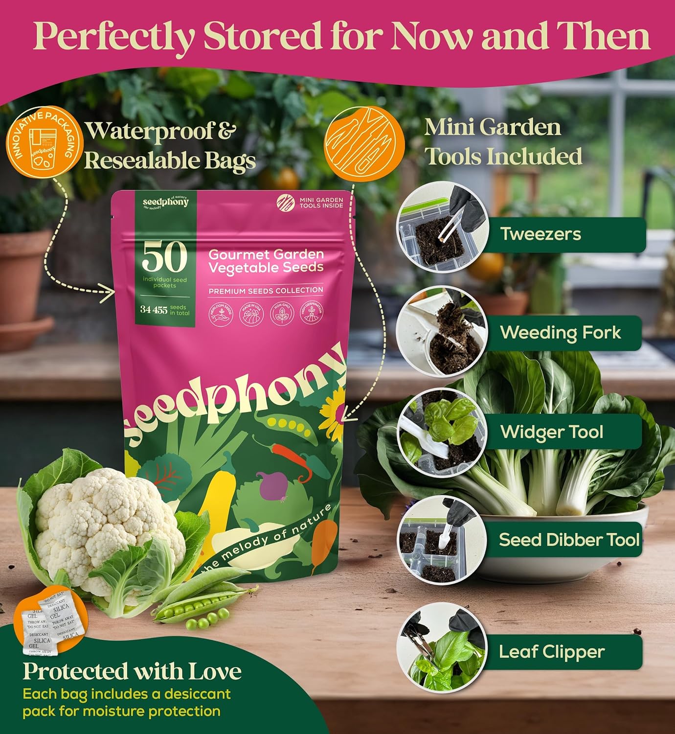 Seedphony 50 Gourmet Garden Vegetable Seeds Variety Pack - 34,455+ Non-GMO Heirloom Vegetables Seeds for Planting Indoor Outdoor: Broccoli, Carrot, Onion, Lettuce, Pepper - Gardening Seed Packets