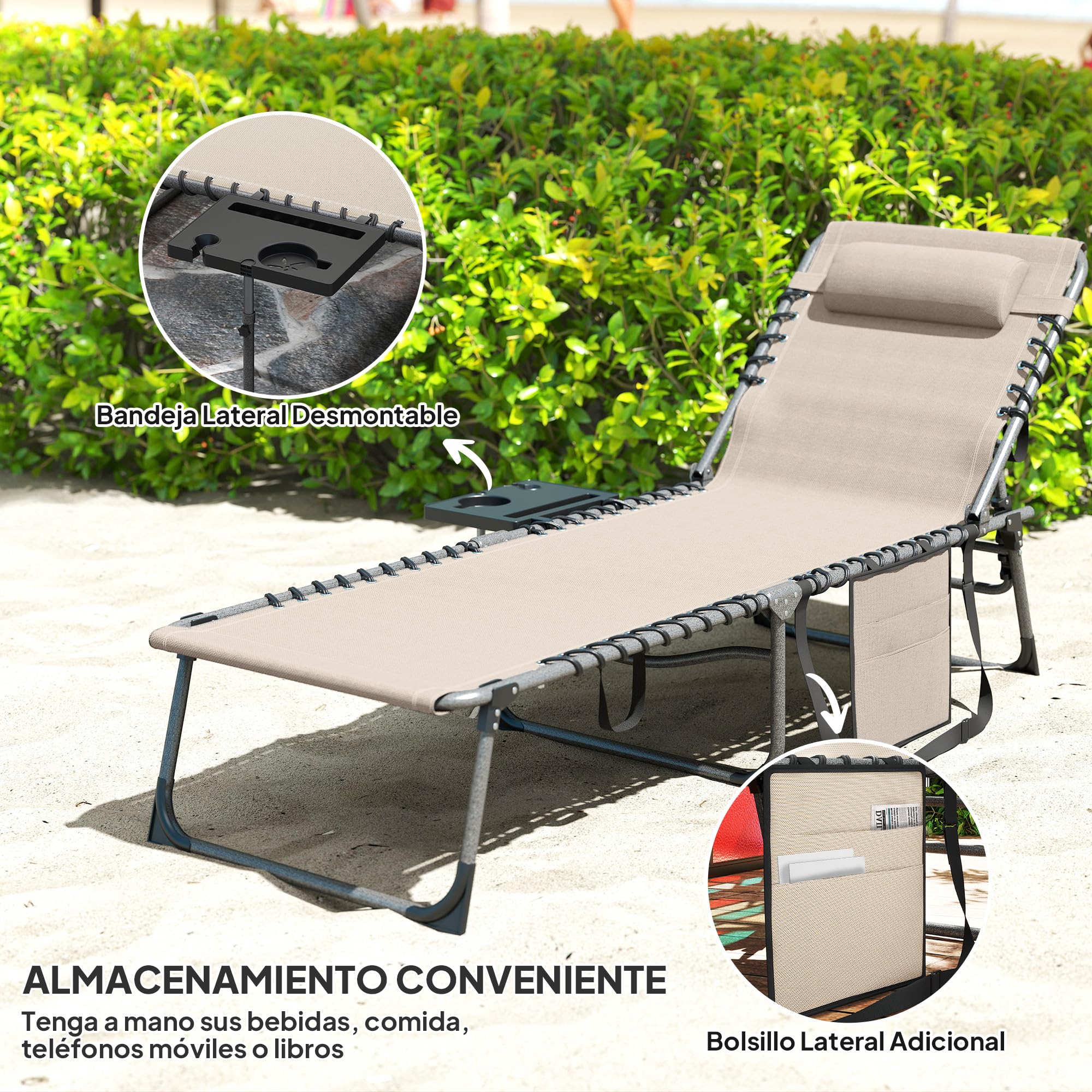 Outsunny Tumbona Plegable, Tumbona Jardín Exterior con Respaldo Ajustable, Reposacabezas, Bolsillo Lateral, Bandeja y Estructura de Acero, Carga 120 kg para Terraza Piscina Playa, 190x60x31 cm, Crema