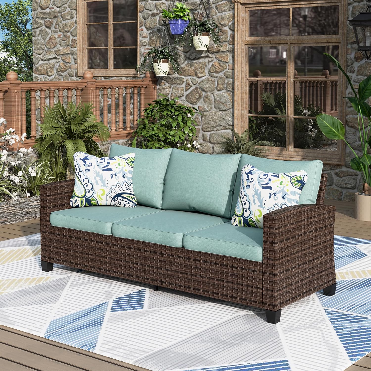 Patio Couch Wicker 3-Seat Outdoor Brown Rattan Sofa Deep Seating Furniture Blue Cushion