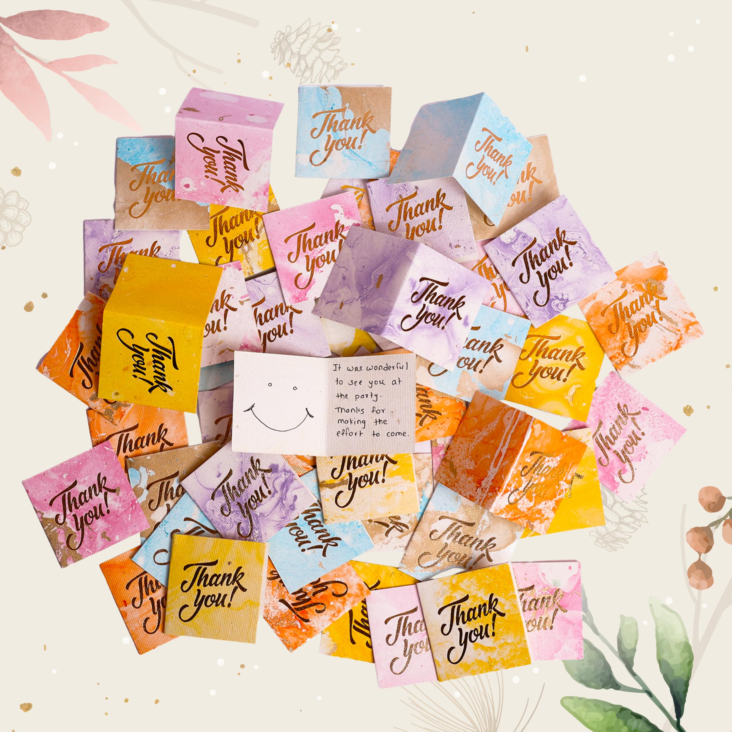 Natal Crafts Handmade Thank You Cards – Set of 50 Mini Folded Cards (2.5 x 2.5 inch), Golden Embossed Text on Eco-Friendly Marble Paper (Thank You)