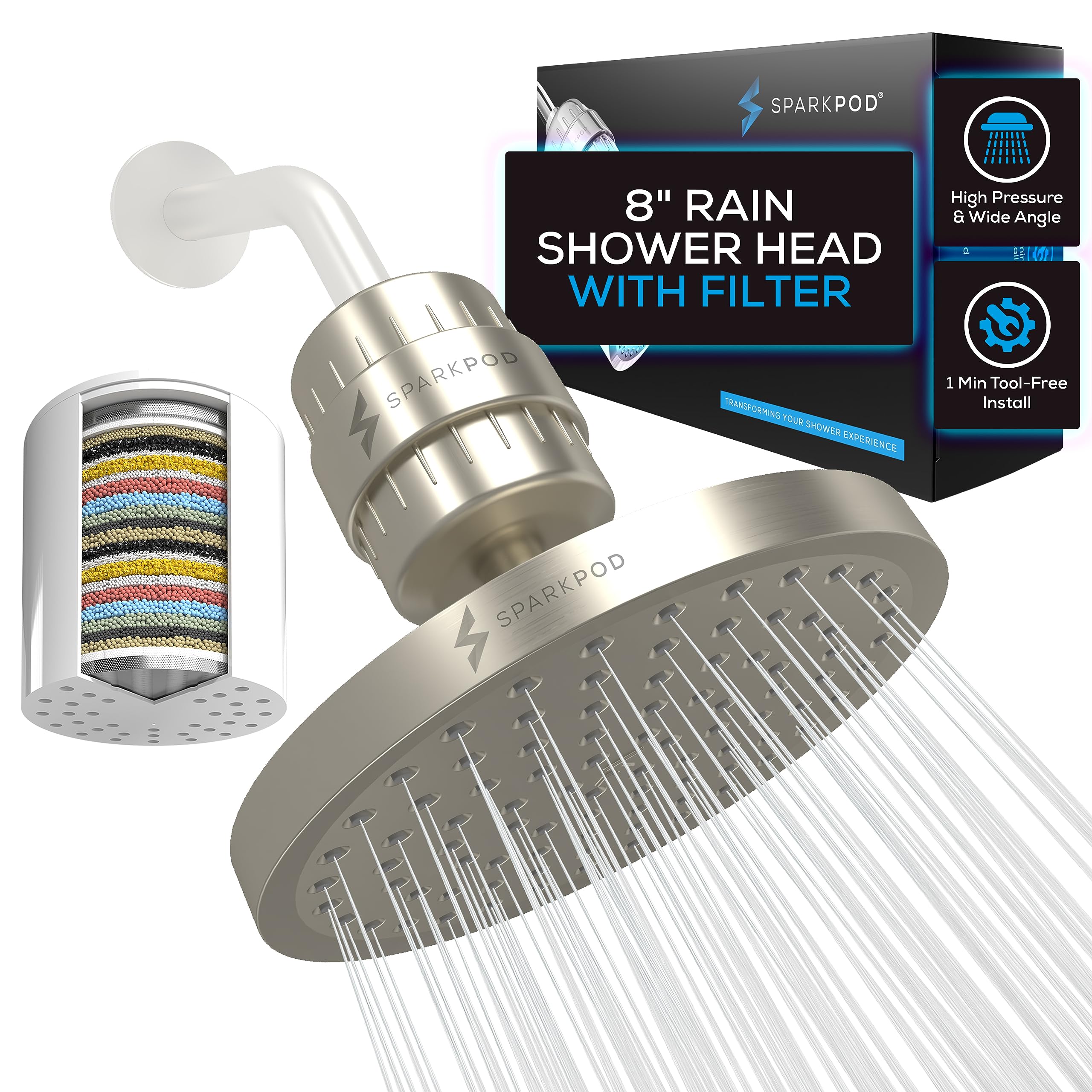 SparkPod Luxury Filtered Shower Head Set 23 Stage Shower Filter - Reduces Chlorine and Heavy Metals - High Pressure Showerhead Filter (8" Round, Elegant Brushed Nickel)