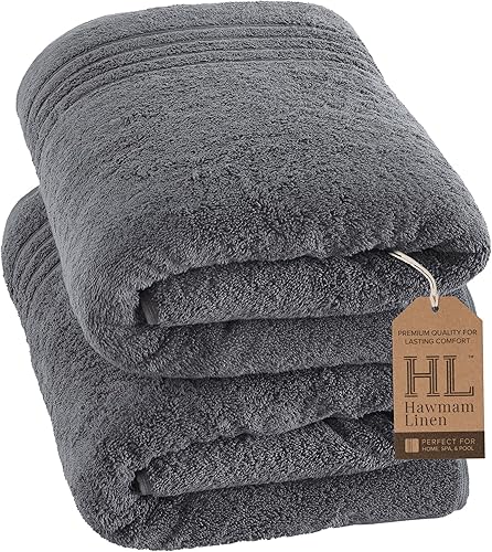 Hammam Linen - Juego de 2 toallas de baño muy grandes de 89 x 177.5 cm, suaves y absorbentes, 100 % algodón de calidad prémium (color gris plata)