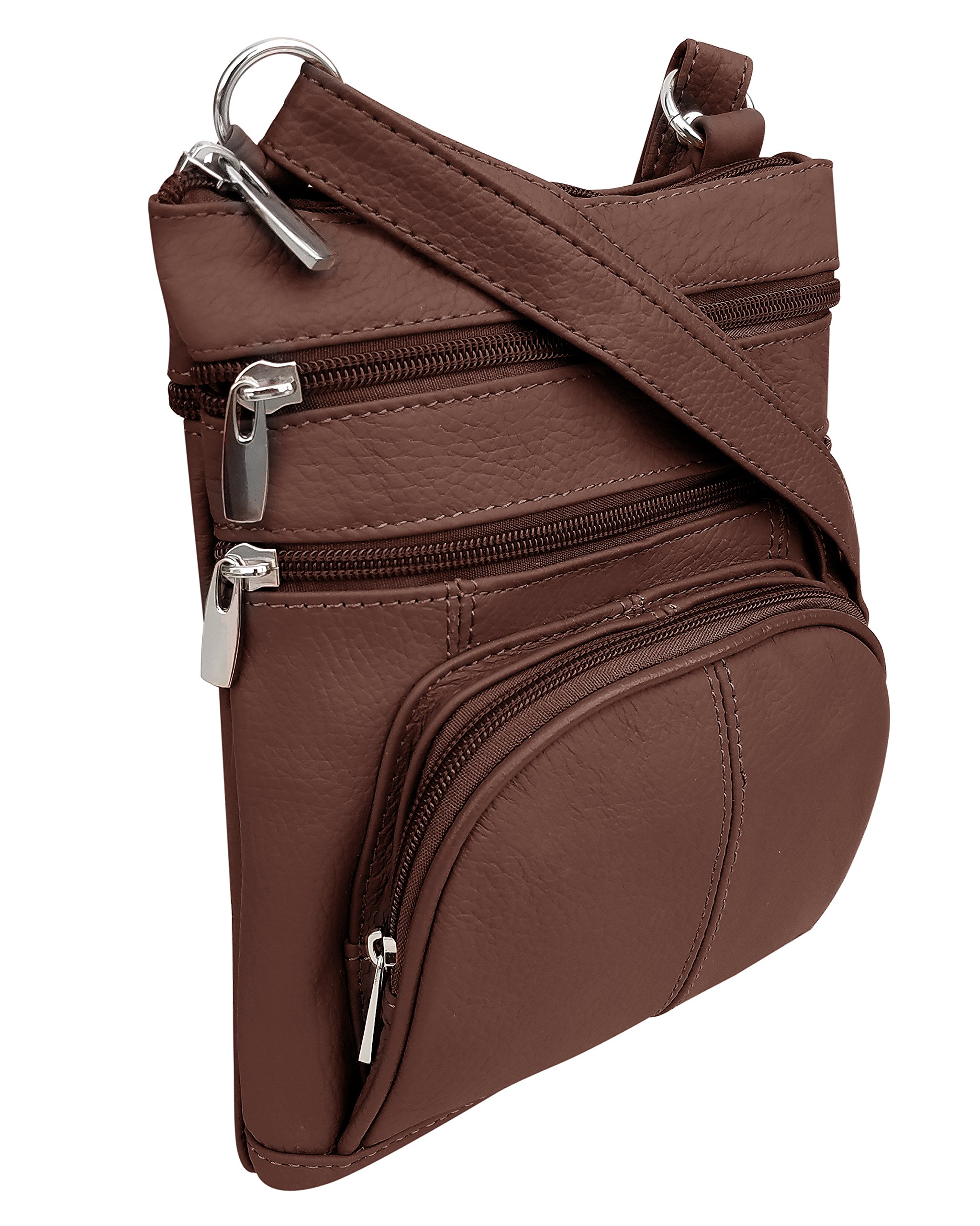 Roma Leathers Crossbody Zippered Purse - 3 Front Pockets, Adjustable Strap - Brown