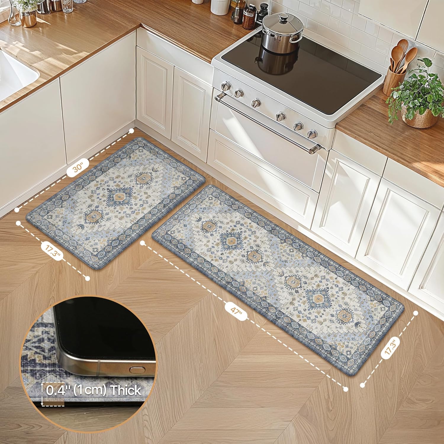 GENIMO Kitchen Mats for Floor, 2PCS Kitchen Rugs Non Slip Washable, Waterproof Anti Fatigue Mat, Comfort Standing Runner Rug for Sink, Office, Laundry, Home, 17.3"x47"+17.3"x30", Muted Blue