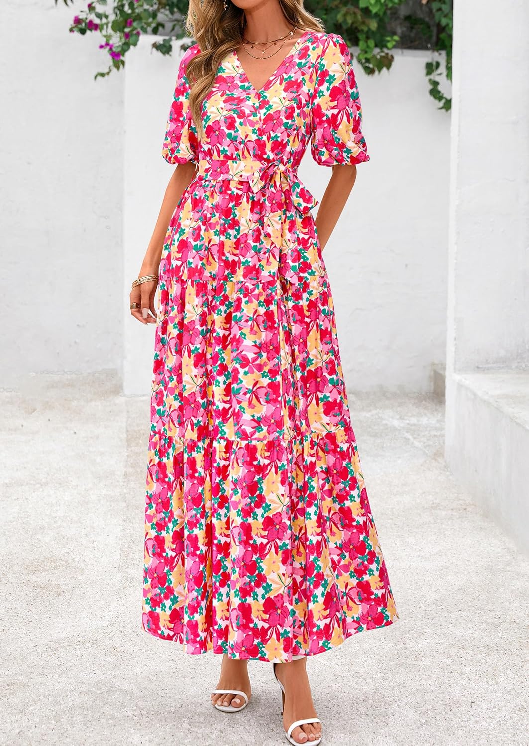 PRETTYGARDEN Women's Summer Maxi Dress 2026 Resort Wear Boho Floral V Neck Puff Short Sleeve Ruffle Flowy Beach Long Dresses