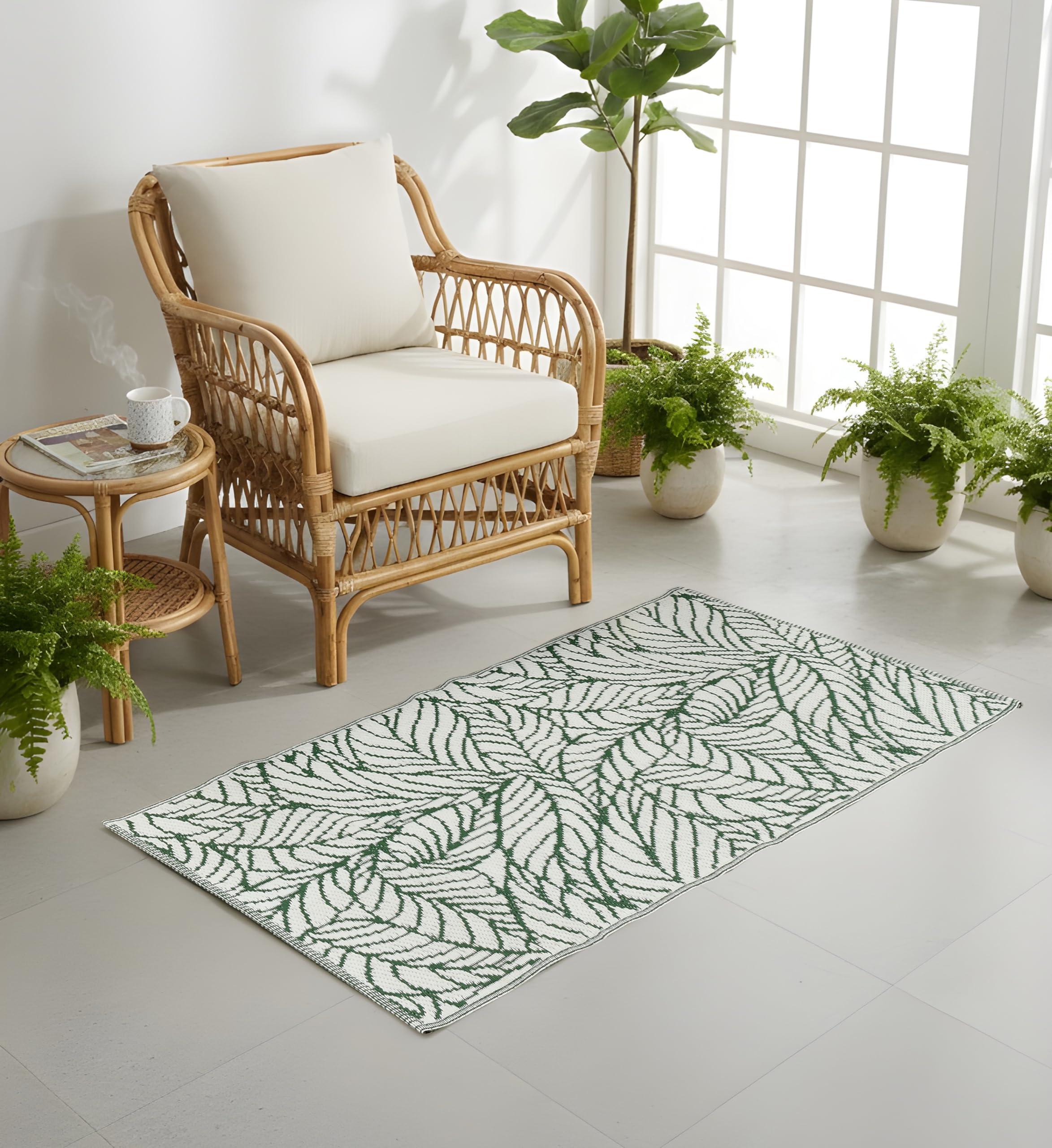 SASHAA WORLD Reversible Green & White Botanical Carpet | 70 x 120 cm | Polypropylene Floor Carpet for Bedroom, Balcony, Entryway, Kitchen & Picnics-image-39