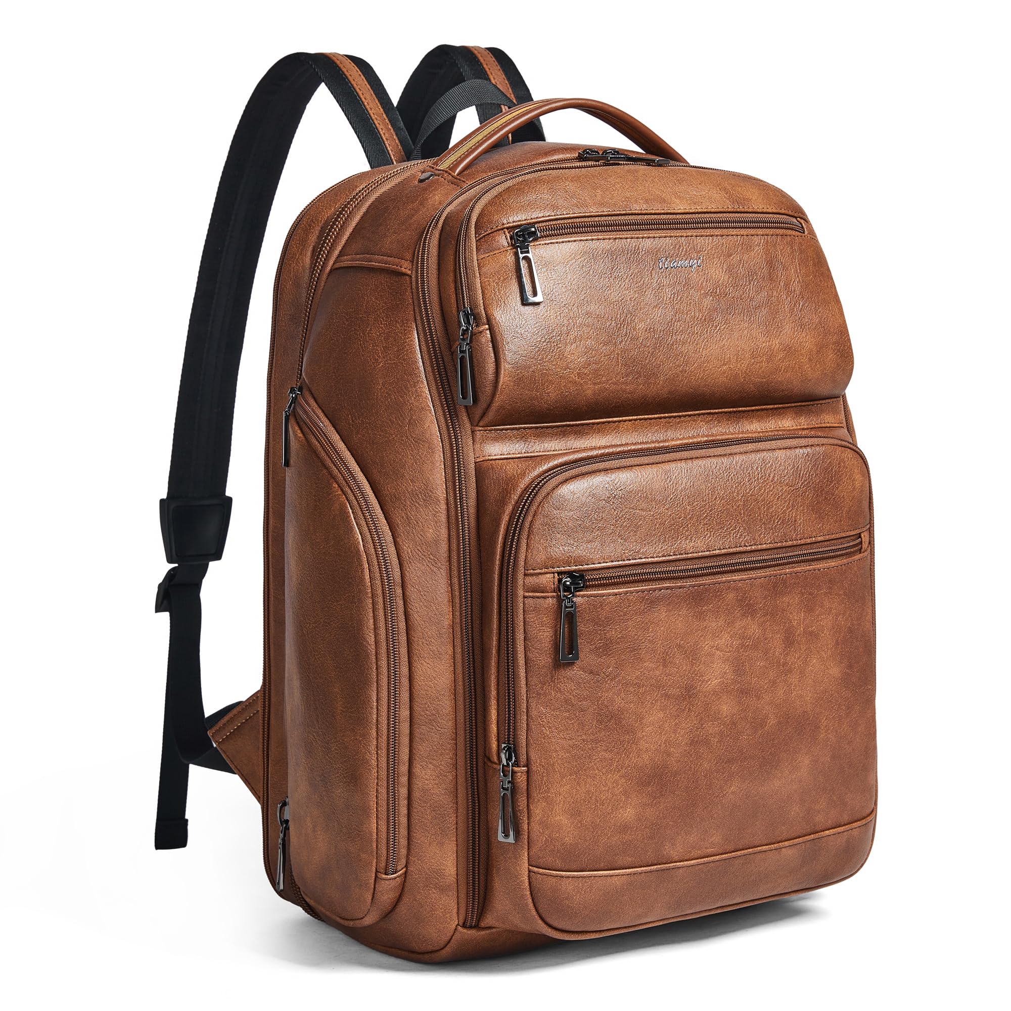 Mochila de cuero vegano, 40 litros expandible, mochila de viaje TSA para hombres y mujeres, se adapta a portátiles de 17.0 pulgadas con correa de equipaje y puerto USB, color marrón