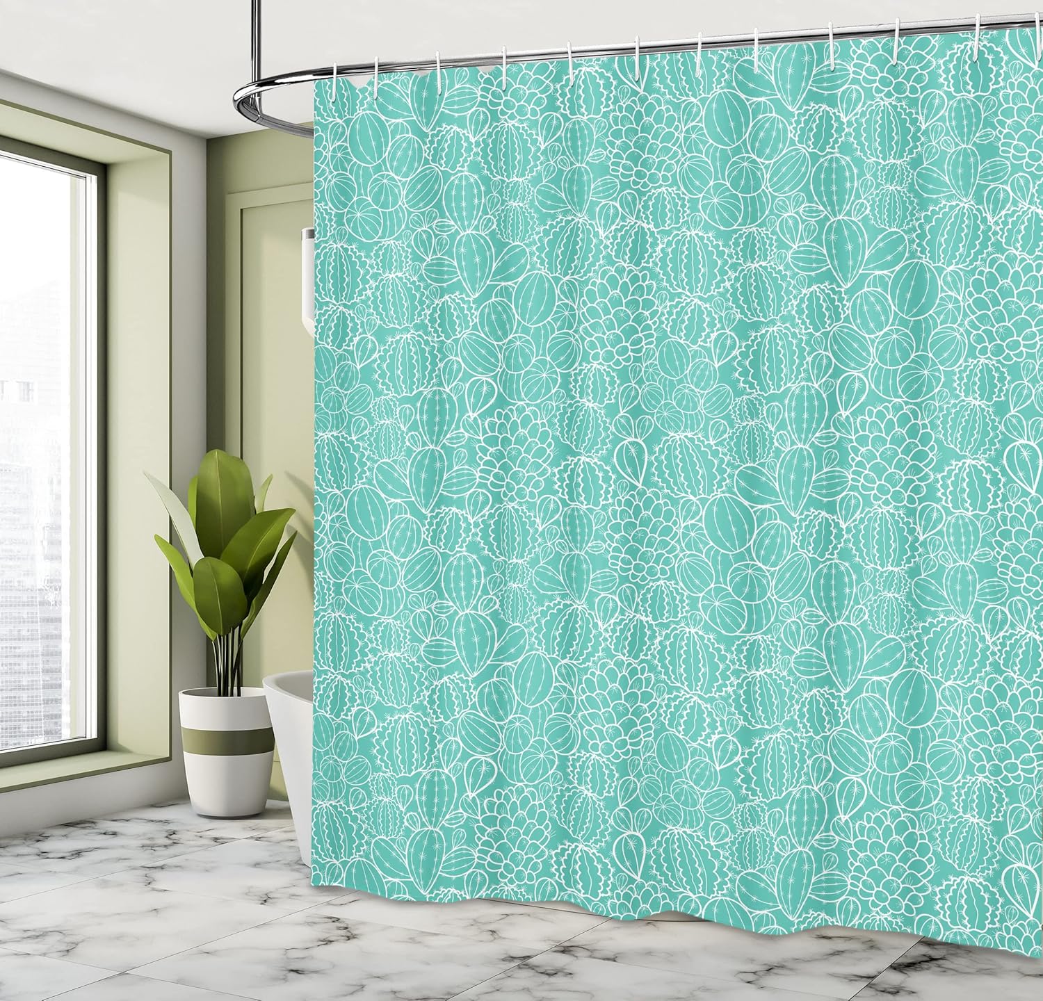 Ambesonne Nature Shower Curtain, Hand Drawn Sketchy Mexican Cactus Fruit with Spikes with Turquoise Backdrop, Cloth Fabric Bathroom Decor Set with Hooks, 69" W x 70" L, Green Turquoise