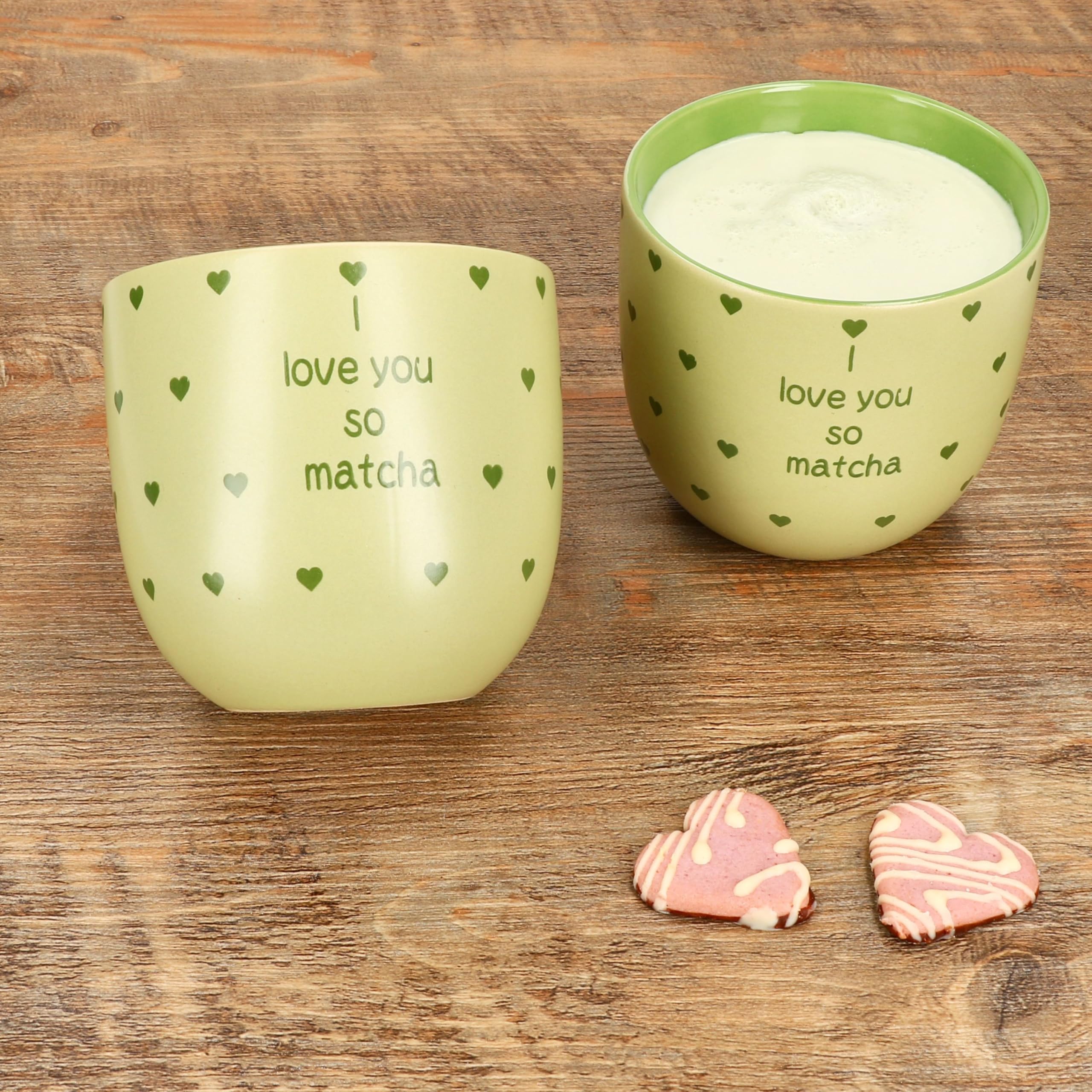 MamboCat 2er Set I Love Matcha Becher - 370 Ml Steingut-Tassen Ohne Henkel Für Matcha-Fans