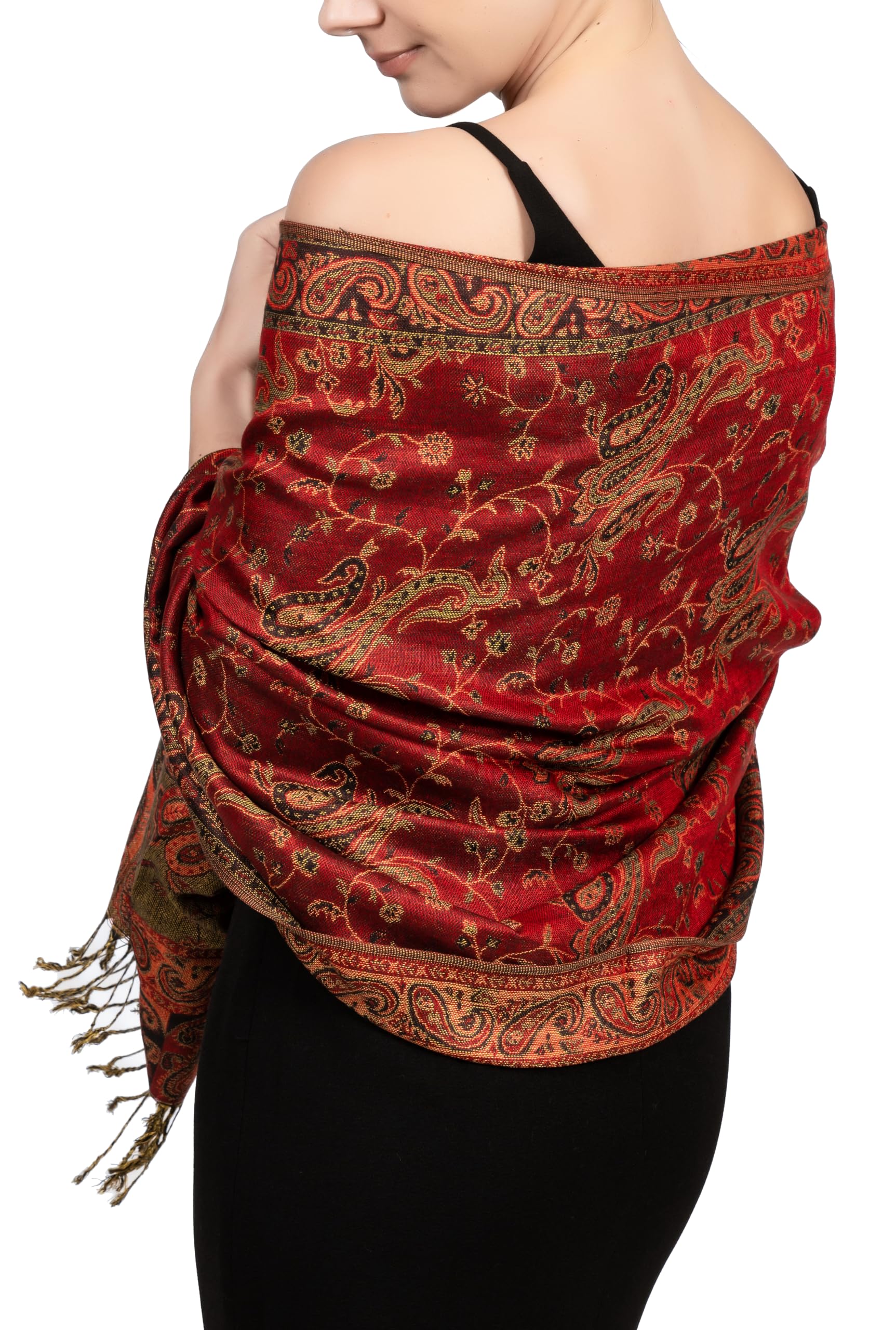 Achillea Reversible Paisley Pashmina Rave Scarf – Exotic Indian Shawls and Wraps for Evening Dresses, Festivals, All Seasons