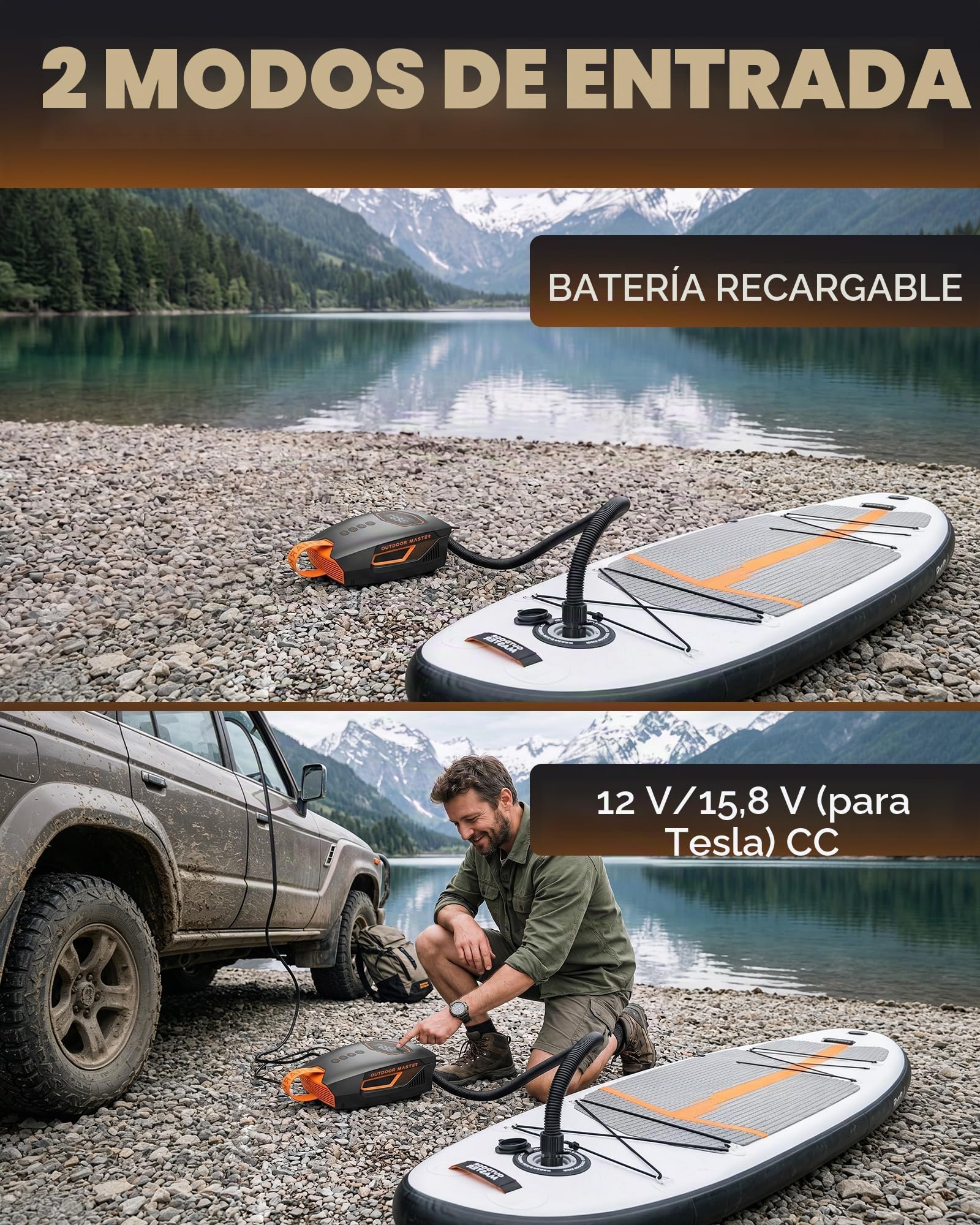 OutdoorMaster Shark 3 Mini 74Wh Bomba Eléctrica Sup Portátil, Inflado Rápido 5'30", Bomba Paddle Recargable, Auto-Apagado y Desinflado, 20 PSI, 12V/15,8V DC y USB-C, 8 Boquillas