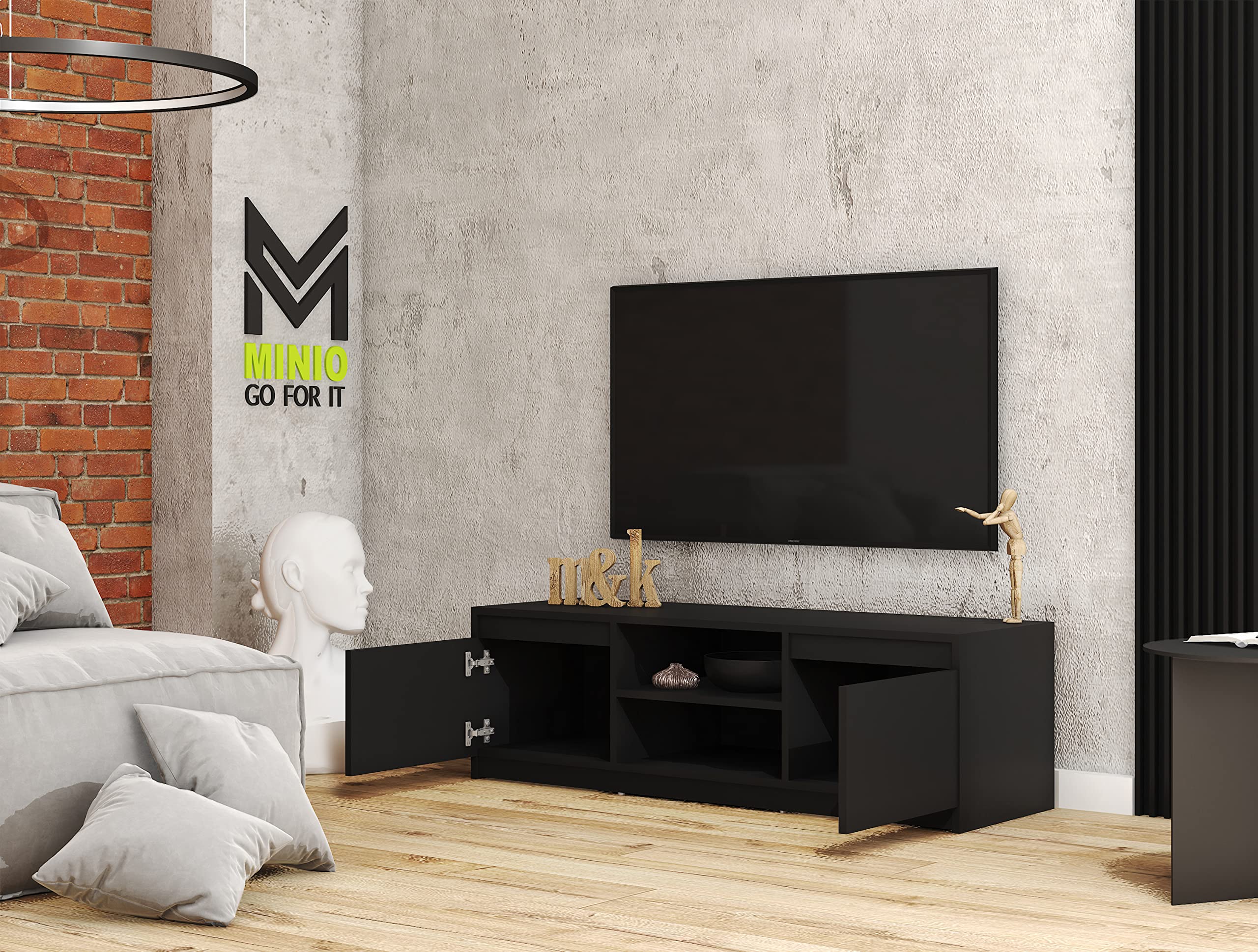 MINIO go for it - RTV Dingo TV Schrank 120cm Breit, TV Lowboard | Schwarz Matt, Lowboard für Fernseher TV-Kommode Fernsehschrank TV lowboard stehend mit 2 Klapptüren 2 offenen Fächern