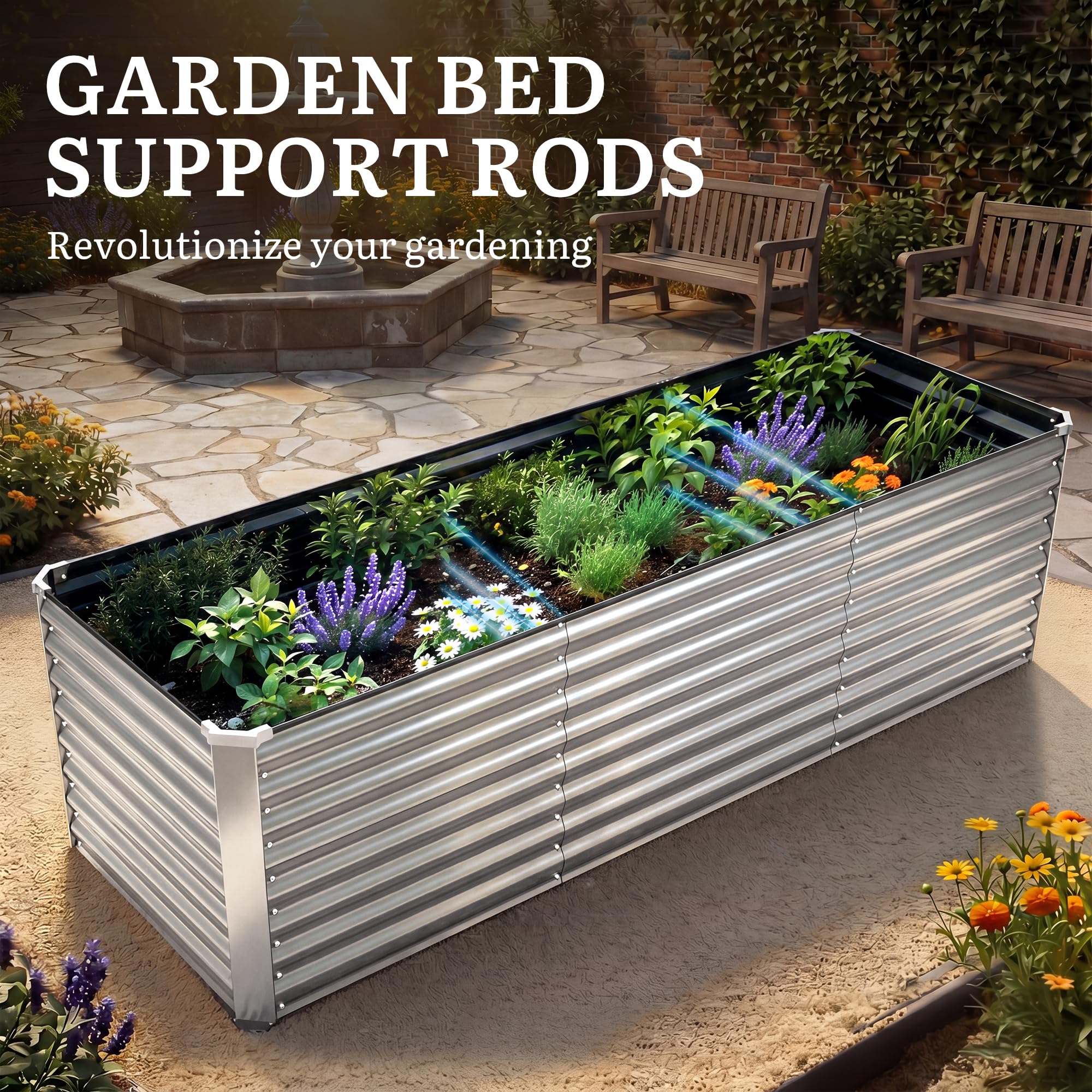 YITAHOME Outdoor Hochbeet Metall 240 * 90 * 70cm,Hochbeet verzinktem Stahlblech,Pflanzkübel für den Außenbereich mit Sicherheitsrand für den Garten, mit Stützstange Handschuhen für Gemüse(Argent)
