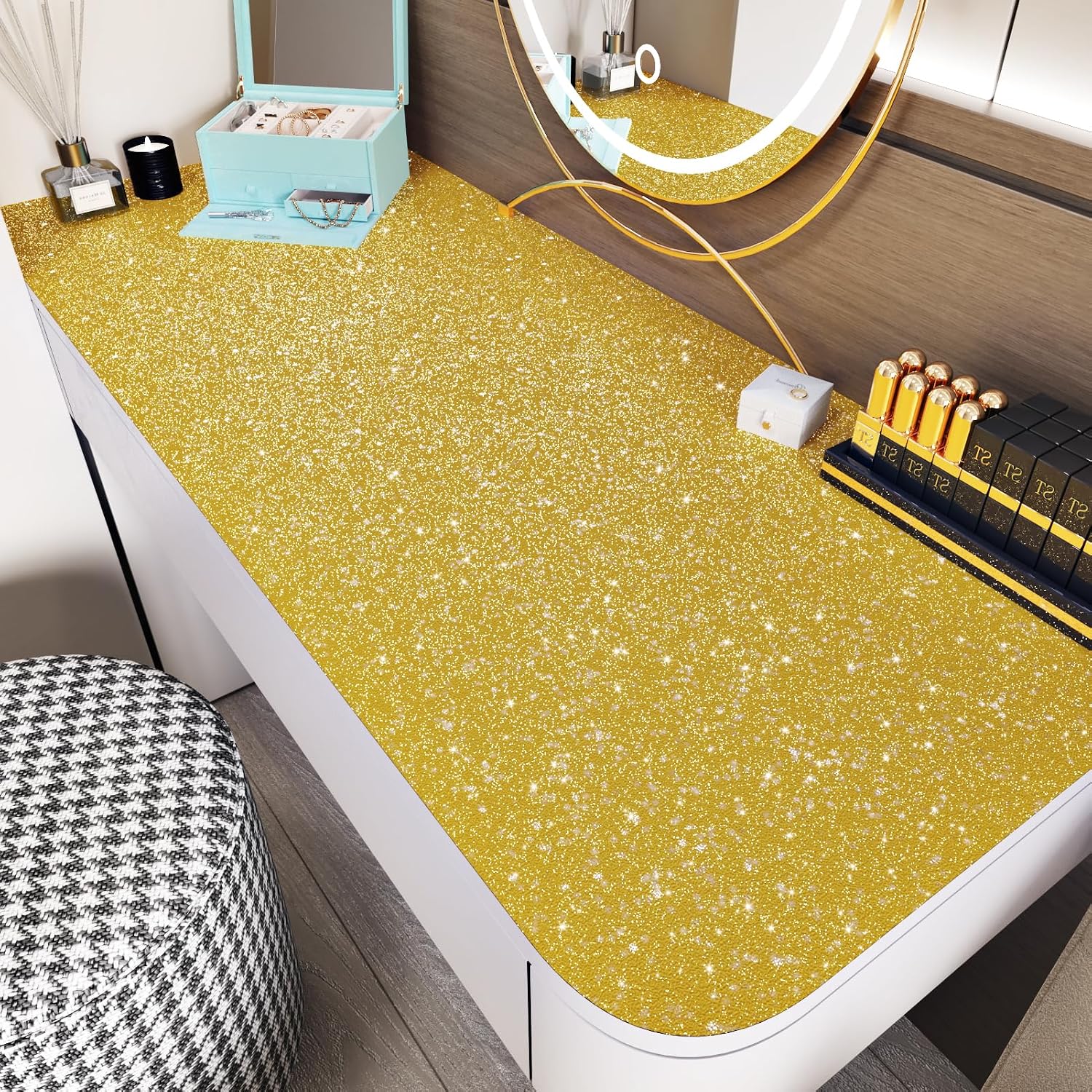 WESTICK Self Adhesive Gold Glitter Wallpaper Stick and Peel 394" x 11.8" Sparkle Golden Glitter Contact Paper Removable Yellow Gold Wallpaper for Bedroom Walls Cabinets Party DIY Crafts Shelf Liner