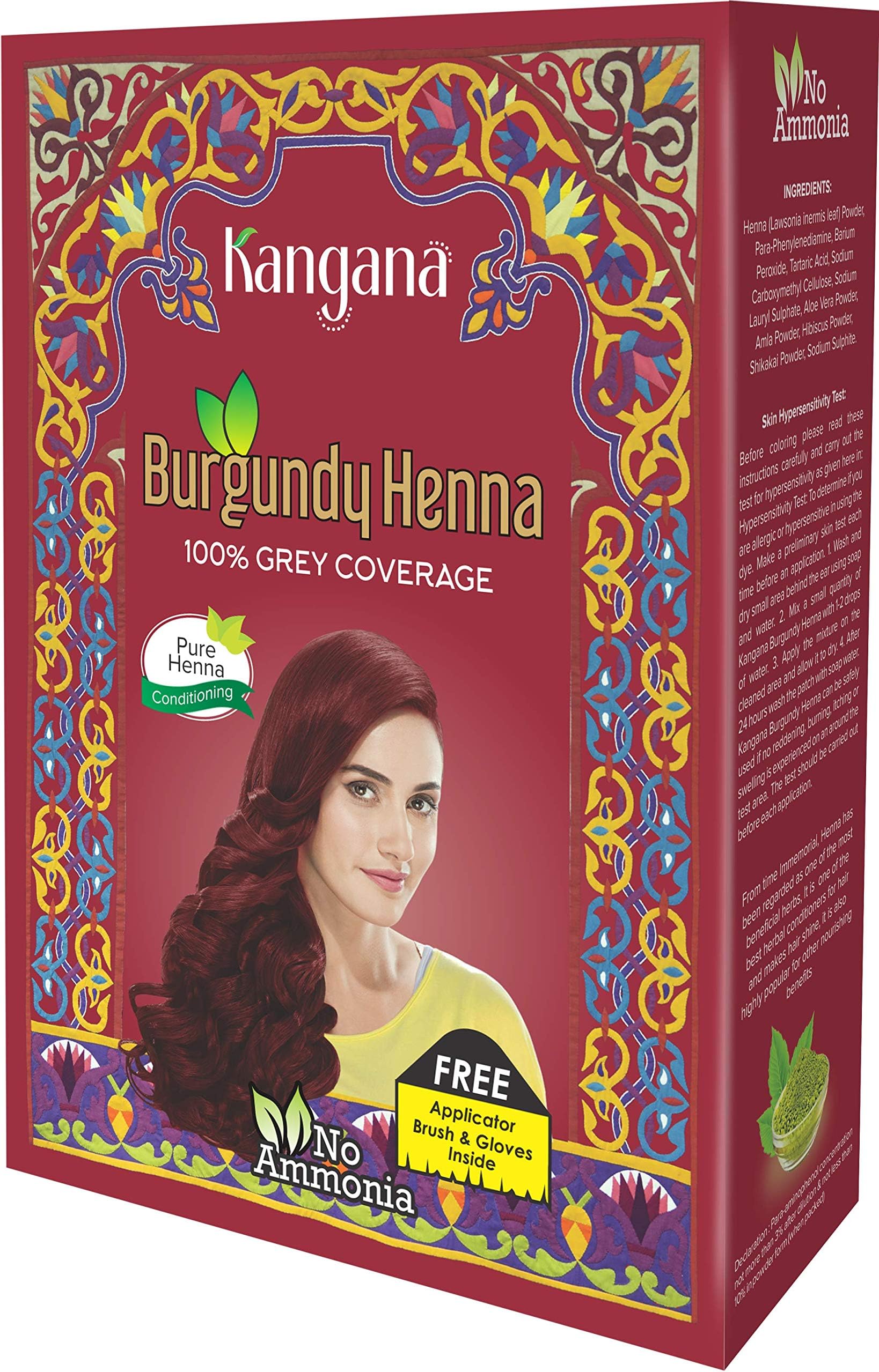 Kangana Borgoña en polvo de Henna para cobertura 100% gris - Polvo de Henna Natural para Tinte para el Cabello/Color - 5 bolsas en el Interior - Total de 50 g (1.8 oz)