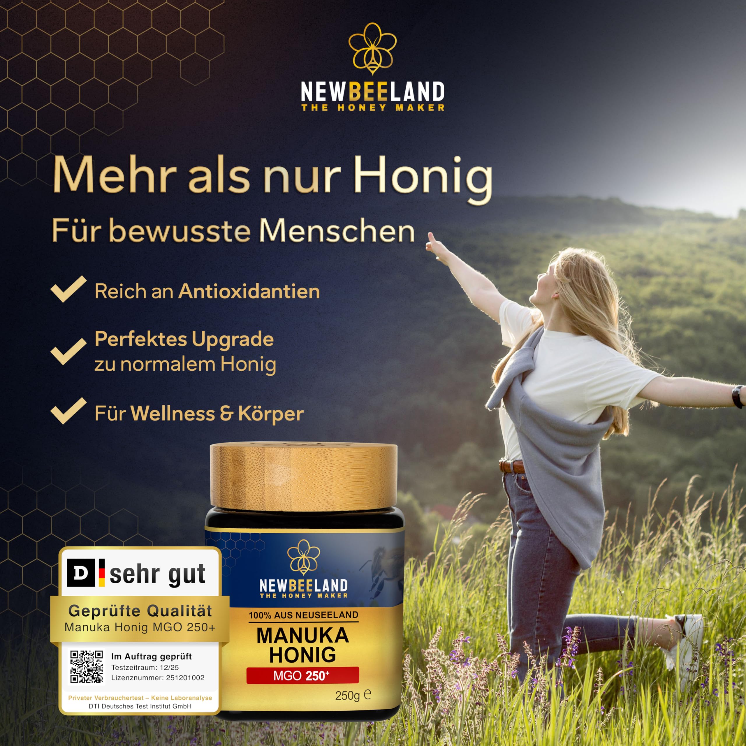 NEWBEELAND Manuka Honig MGO 250+ Direktimport aus Neuseeland 2X250g (500g) | chargengeprüfter Methylglyoxal-Gehalt (MGO), Cremig-zähflüssige Textur, herber & kräftiger Geschmack, lichtgeschütztes Glas