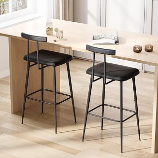 YAUKTAK Counter Height Bar Stools Set of 2 with Backrest & Footrest - Industrial PU Leather Black KBS515B