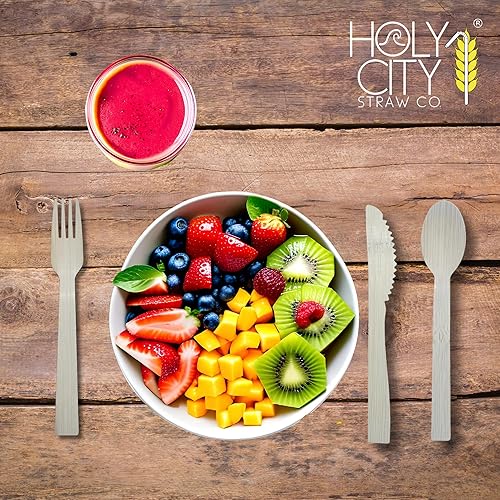 Miniatura 4 de Holy City Straw Co. Juego de cubiertos de bambú envueltos  400 juegos  Utensilios biodegradables  Cubiertos desechables para llevar