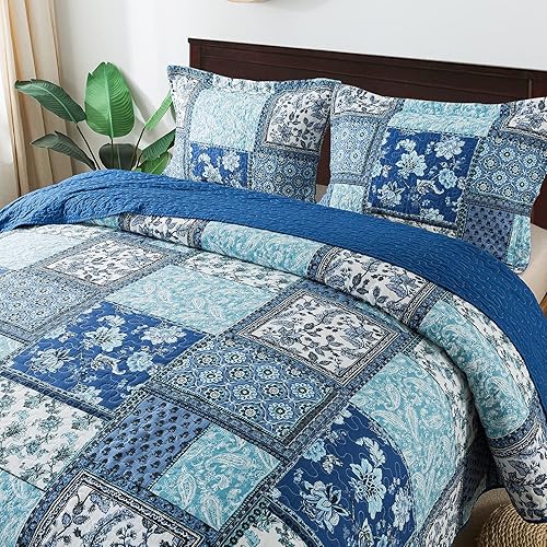 Vista 36 de NEWLAKE - Juego de colcha de algodón - Juego de cubrecama reversible con diseño de patchwork, patrón bohemio clásico - King, morado Púrpura Clásico