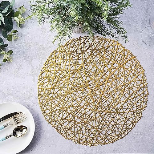 Miniatura 9 de Efavormart - Juego de 6 manteles individuales de vinilo tejido redondo dorado de 15 pulgadas, antideslizantes, para mesa de comedor, bodas, eventos,