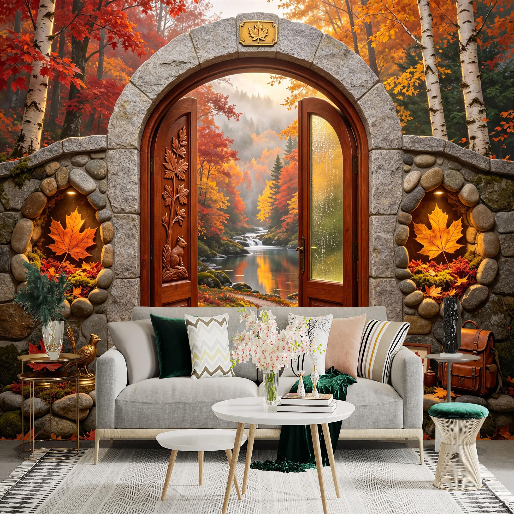 Custom Size Wall Sticker Mural， Autumn Forest Path with Stone Arch and Wooden Door， Maple Leaves and River View， for wall Decoration， peelandstick wall Decals.