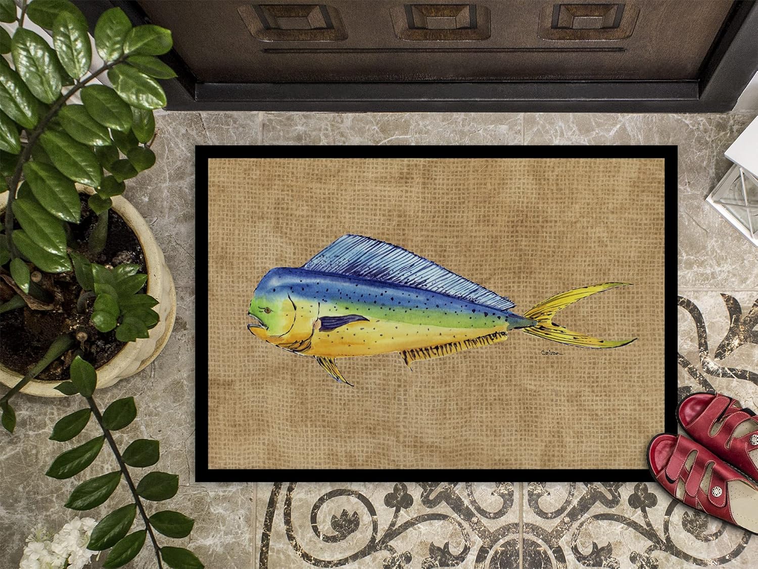 Caroline's Treasures 8810JMAT Dolphin Mahi Mahi Doormat 24x36 Front Door Mat Indoor Outdoor Rugs for Entryway, Non Slip Washable Low Pile, 24H X 36W