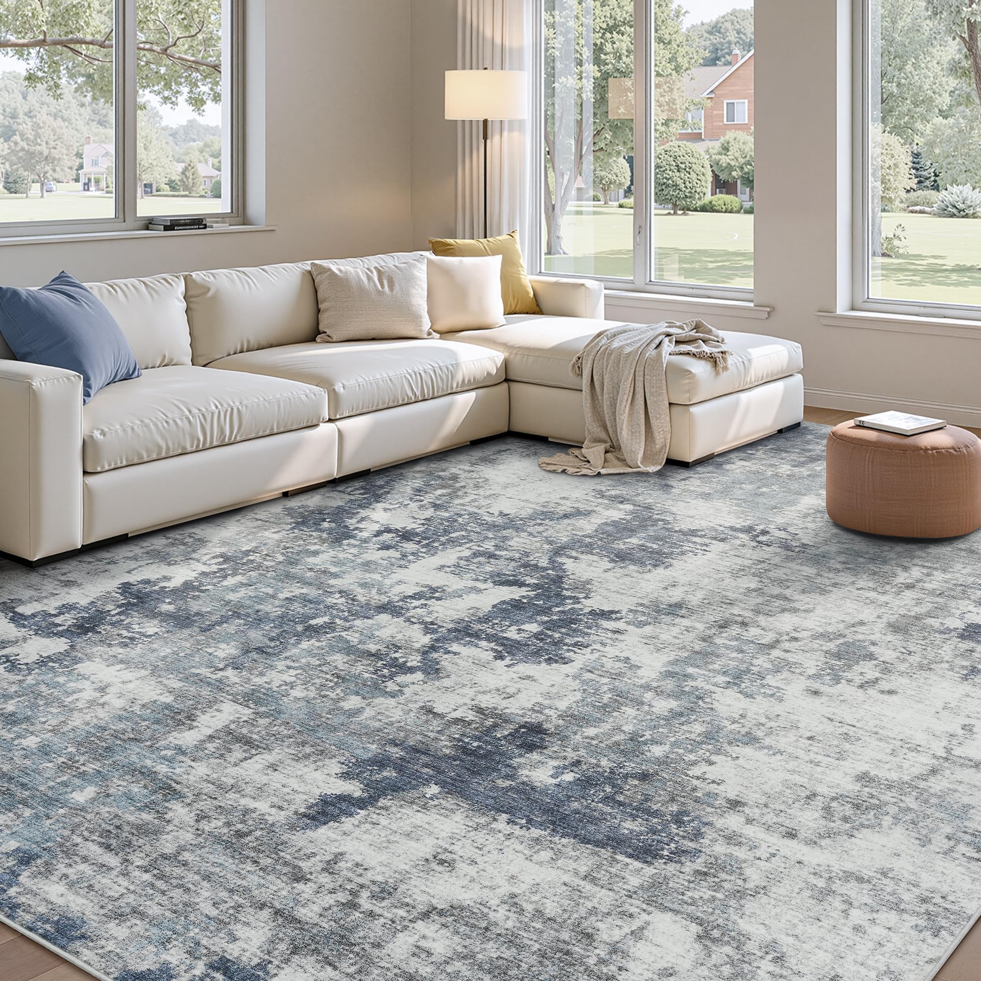 Abstract Area Rug Carpet 9x12 Rugs for Living Room-Machine Washable Rugs for Bedroom Dining Room Living Room Rug Vintage Style Blue