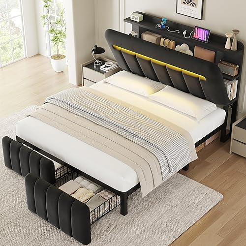 Miniatura 17 de Base de cama Queen con cabecera de almacenamiento, marco de cama negro tapizado tamaño Queen con cajones de almacenamiento y estación de carga, cama