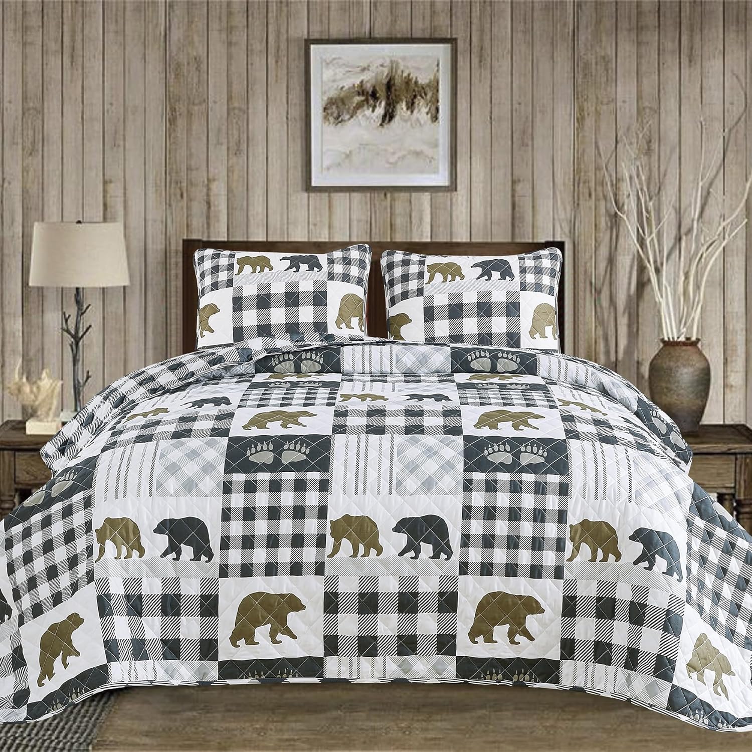 Market & Place Rustic Quilts King Size | 3-Piece Cabin Comforter Set with Shams | Reversible Lodge Bear Bedding for All Season | Orson Collection (King, Grey/Brown)