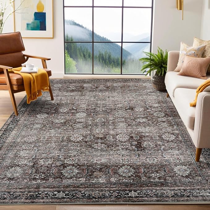 GarveeHome Large Area Rugs 9x12 Vintage Printed Living Room with Non-Slip Backing, Stain-Resistant Oriental Accent Rugs, Washable Farmhouse Low Pile Rugs for Bedroom, Office, Brown