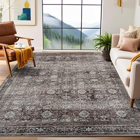 GarveeHome Large Area Rugs 9x12 Vintage Printed Living Room with Non-Slip Backing, Stain-Resistant Oriental Accent Rugs, Washable Farmhouse Low Pile Rugs for Bedroom, Office, Brown
