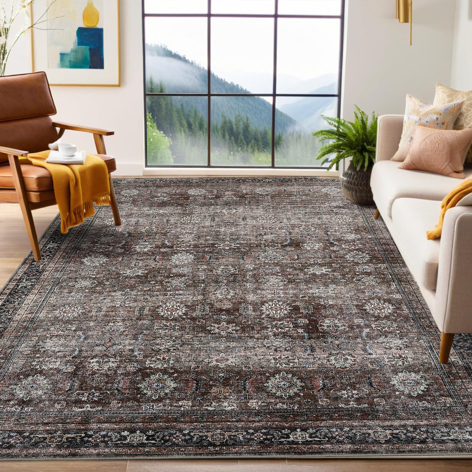 GarveeHome Area Rugs 8x10 Large Vintage Printed Accent with Non-Slip Backing, Stain-Resistant Oriental Living Room Rugs, Washable Farmhouse Low Pile Rugs for Bedroom, Office, Brown