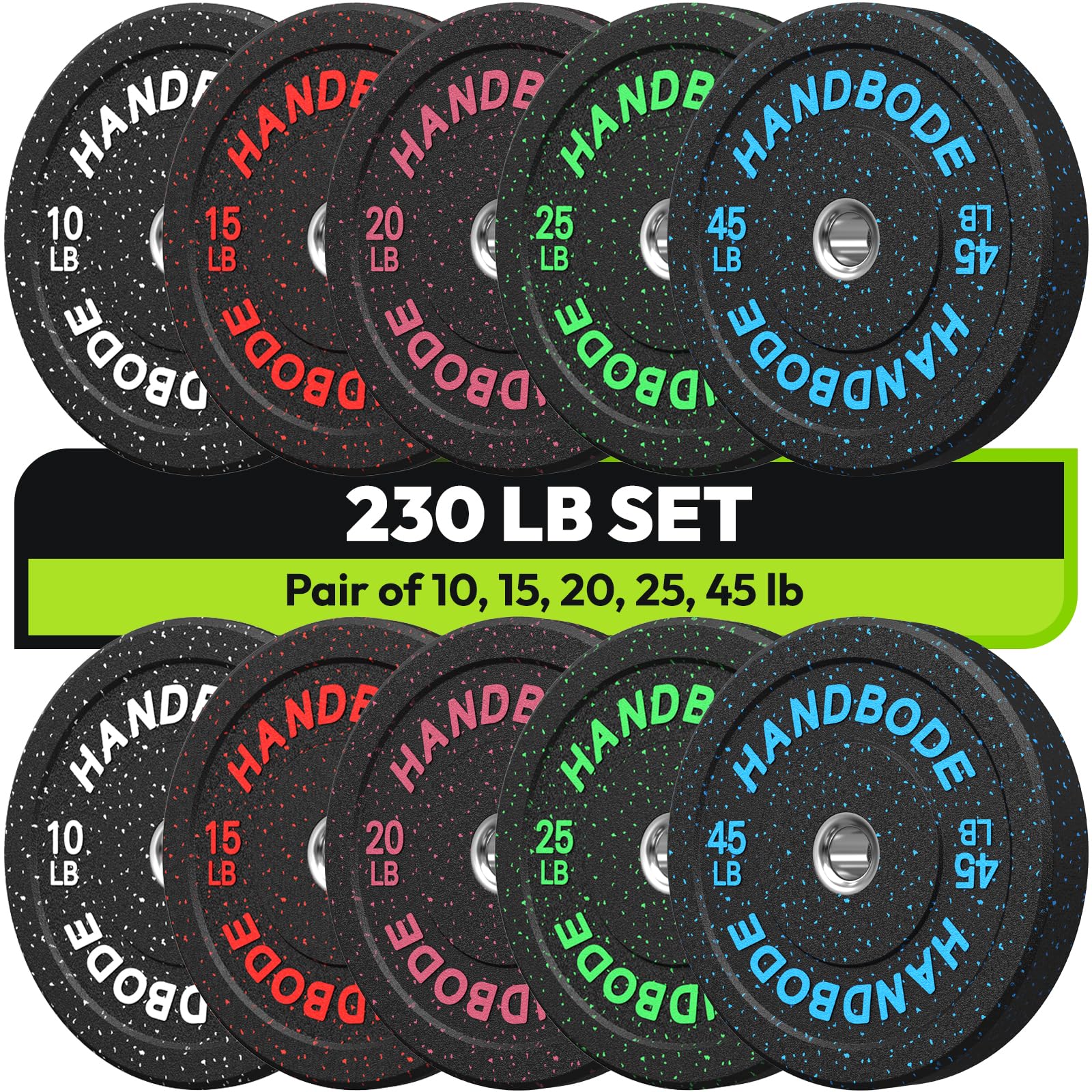 HANDBODE 2-Inch Bumper Plates High Bounce, Olympic Weight Plate Set 45/100/160/190/260/300lb, Barbell Weight Plates Set for Home Gym, Colored Weights Rubber Strength Training Plate for Weight Lifting