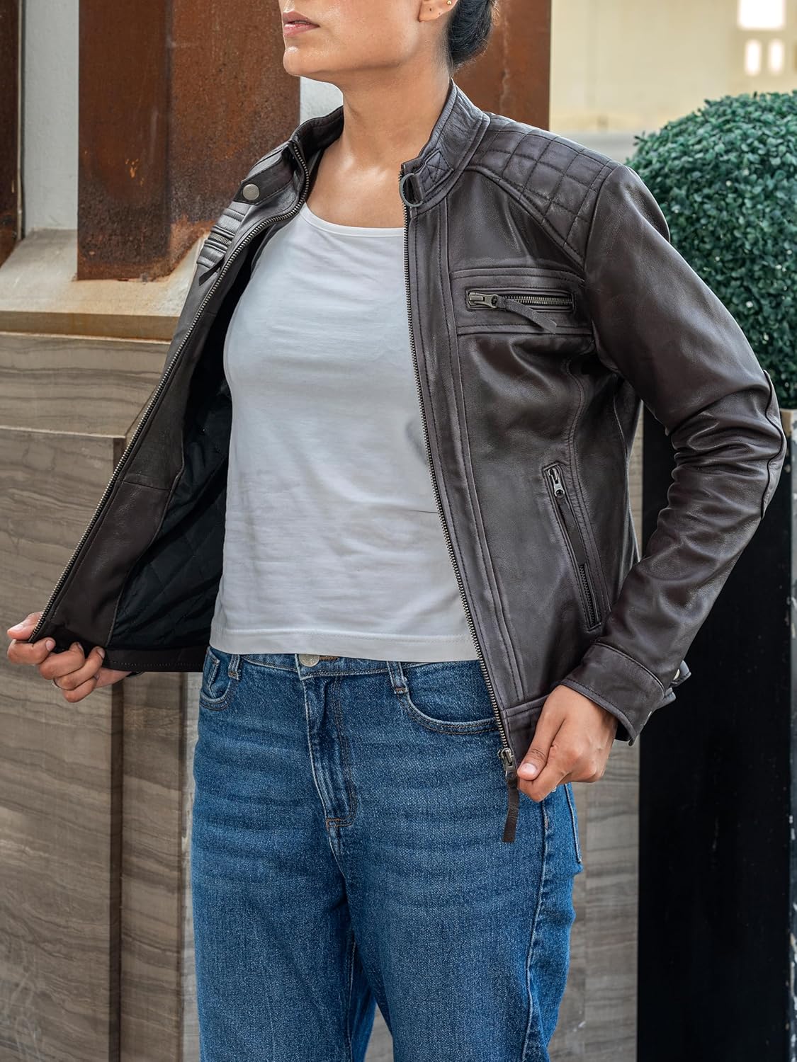 Jild Quilted Design Leather Jacket Women - Cafe Racer Style Real Lambskin Womens Leather Jacket - Image 3